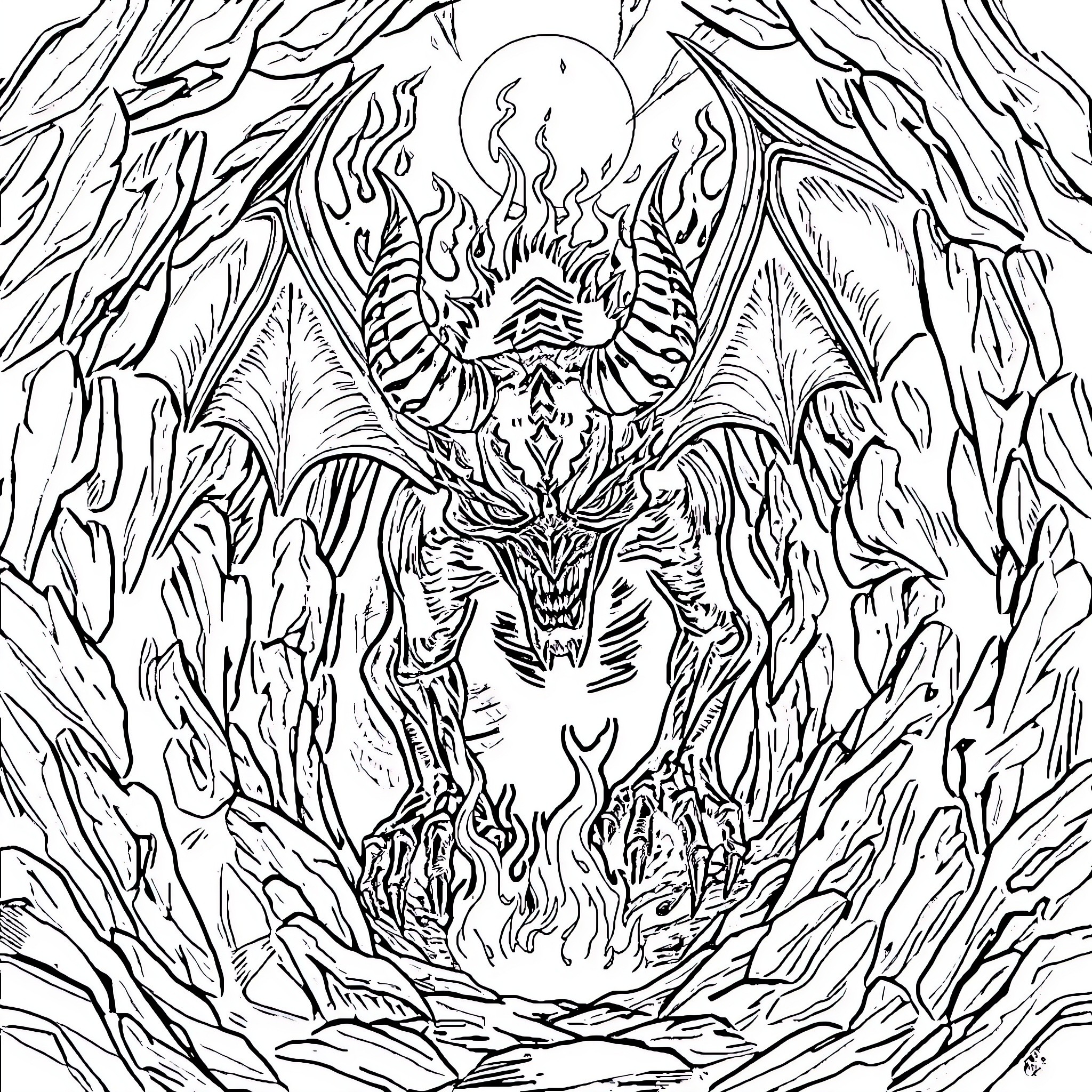 Demon Creature Emerging from Fiery Abyss Coloring Page (free black-and-white line drawing printable PDF for all, from beginners to advanced learners, including children, teens, adults, and seniors)