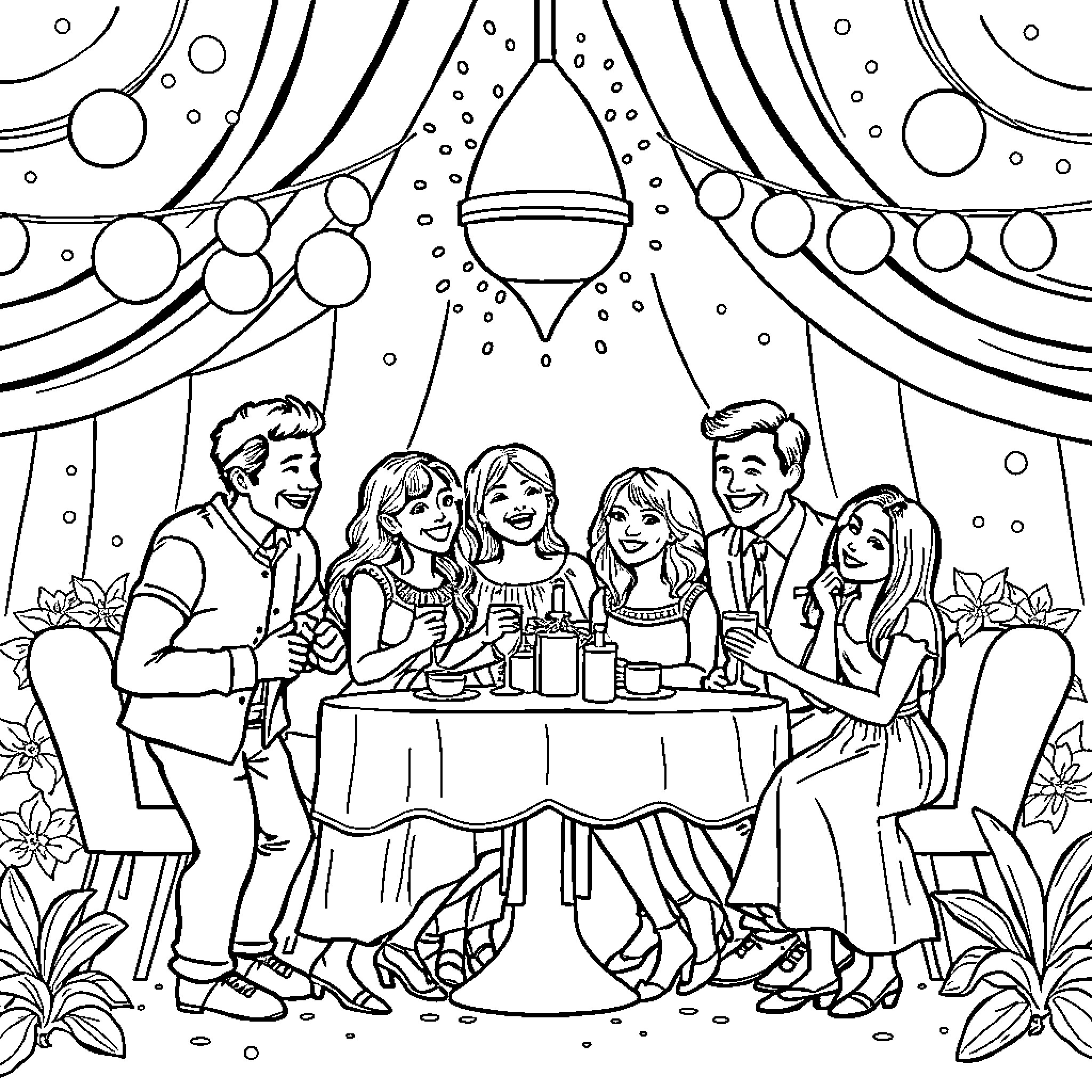 Celebrate Joyous Gathering of Family and Friends Coloring Page (free black-and-white line drawing printable PDF for all, from beginners to advanced learners, including children, teens, adults, and seniors)