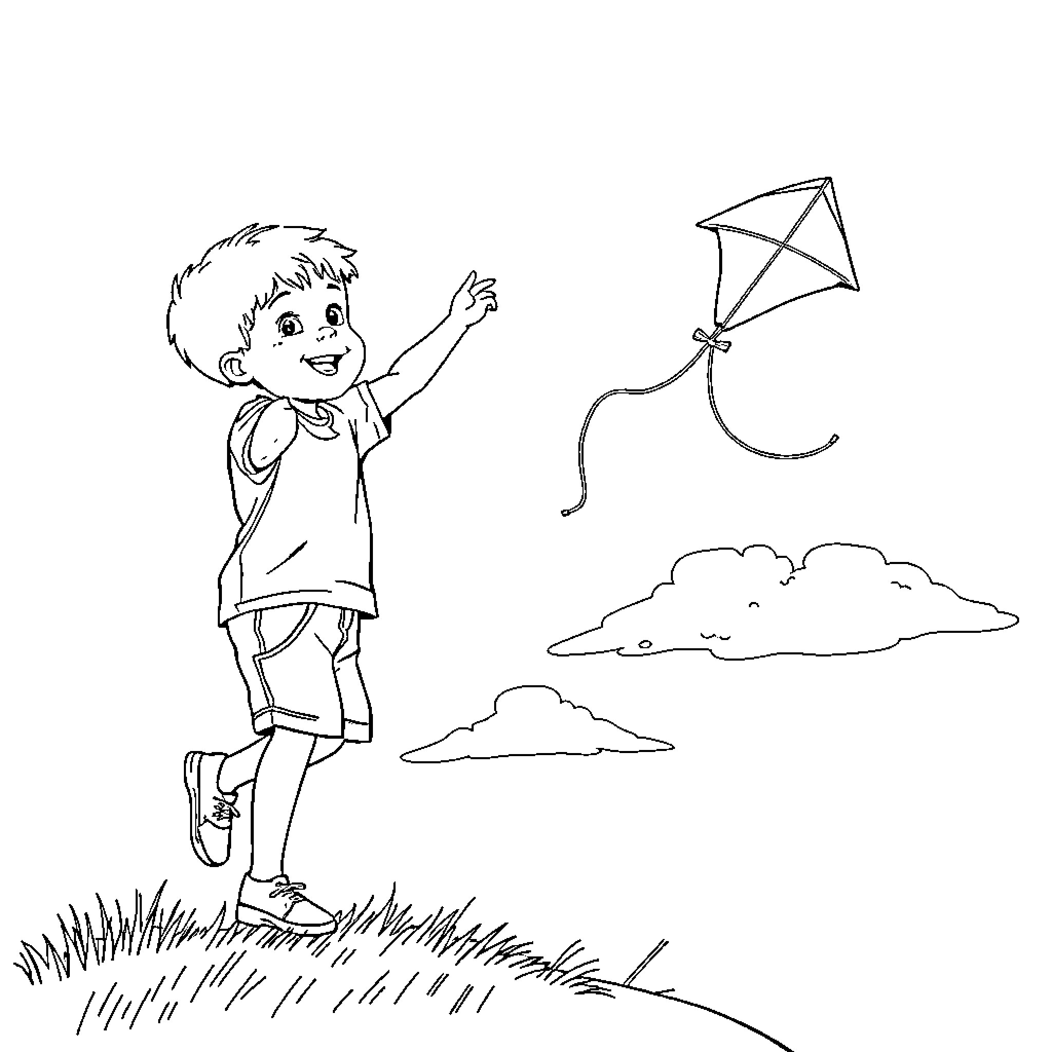 Boy flying kite in the park Coloring Page (free black-and-white line drawing printable PDF for all, from beginners to advanced learners, including children, teens, adults, and seniors)