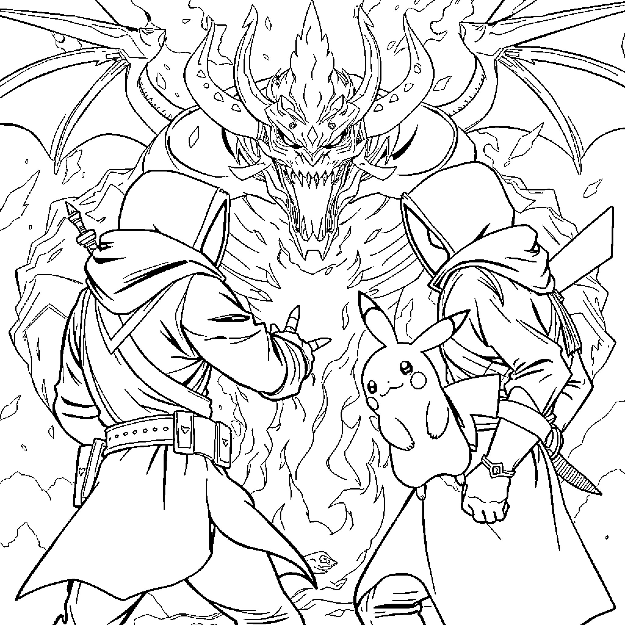 Demon Hunter Confronting Terrifying Creature with Companions Coloring Page (free black-and-white line drawing printable PDF for all, from beginners to advanced learners, including children, teens, adults, and seniors)