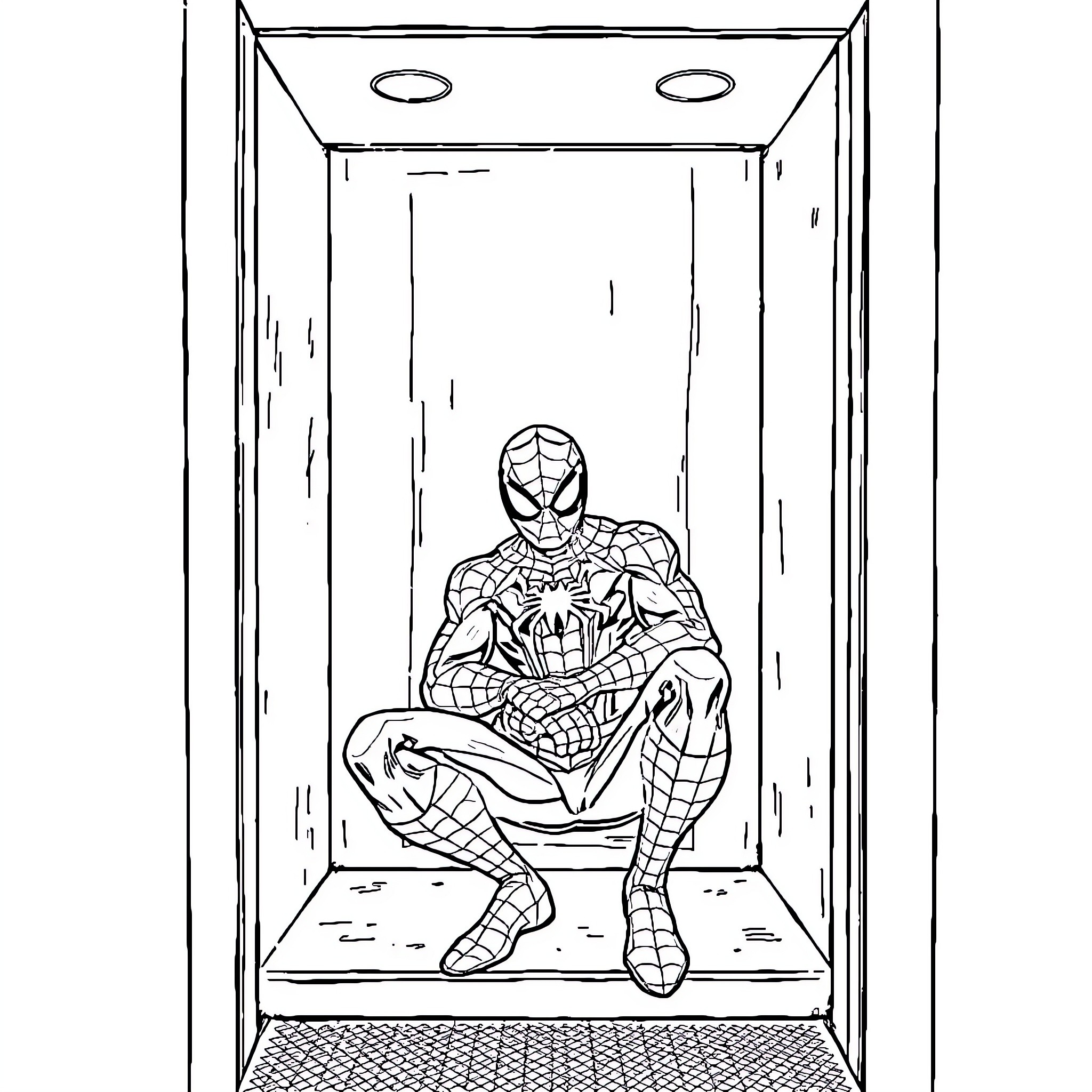 Spiderman sitting in a confined space Coloring Page (free black-and-white line drawing printable PDF for all, from beginners to advanced learners, including children, teens, adults, and seniors)