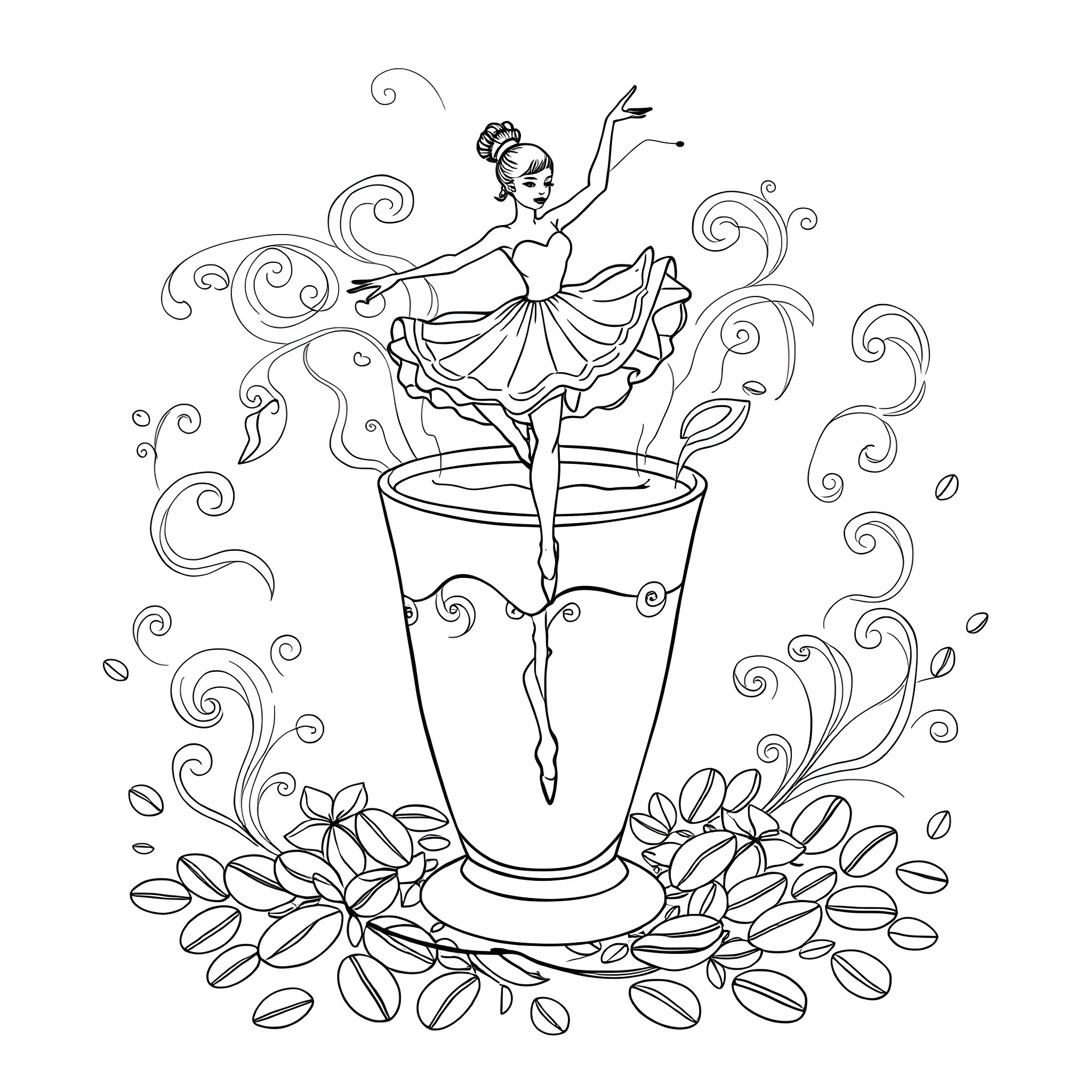 Ballerina dancing gracefully in a glass cup Coloring Page (free black-and-white line drawing printable PDF for all, from beginners to advanced learners, including children, teens, adults, and seniors)