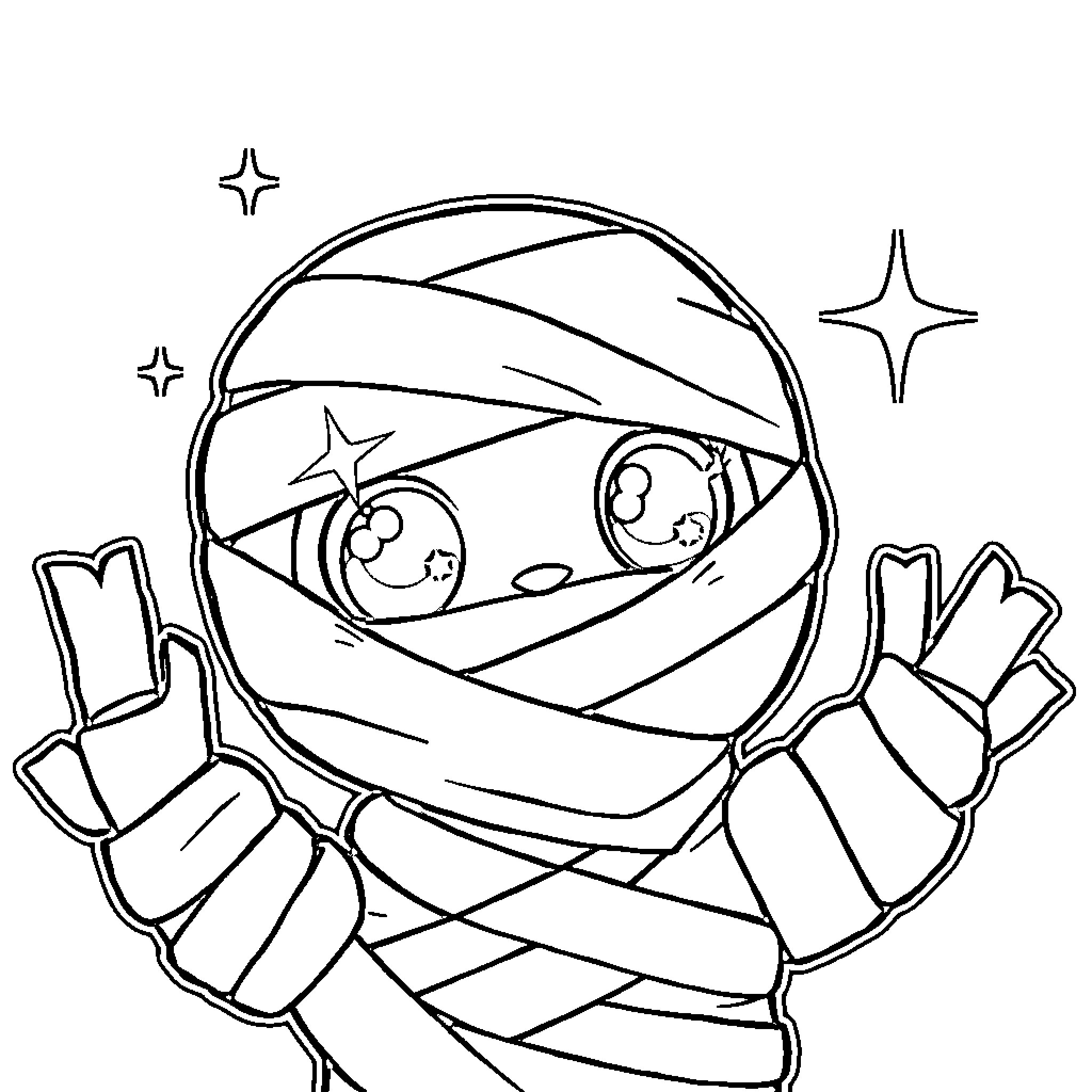 Mummy in Playful Pose with Stars Coloring Page (free black-and-white line drawing printable PDF for all, from beginners to advanced learners, including children, teens, adults, and seniors)