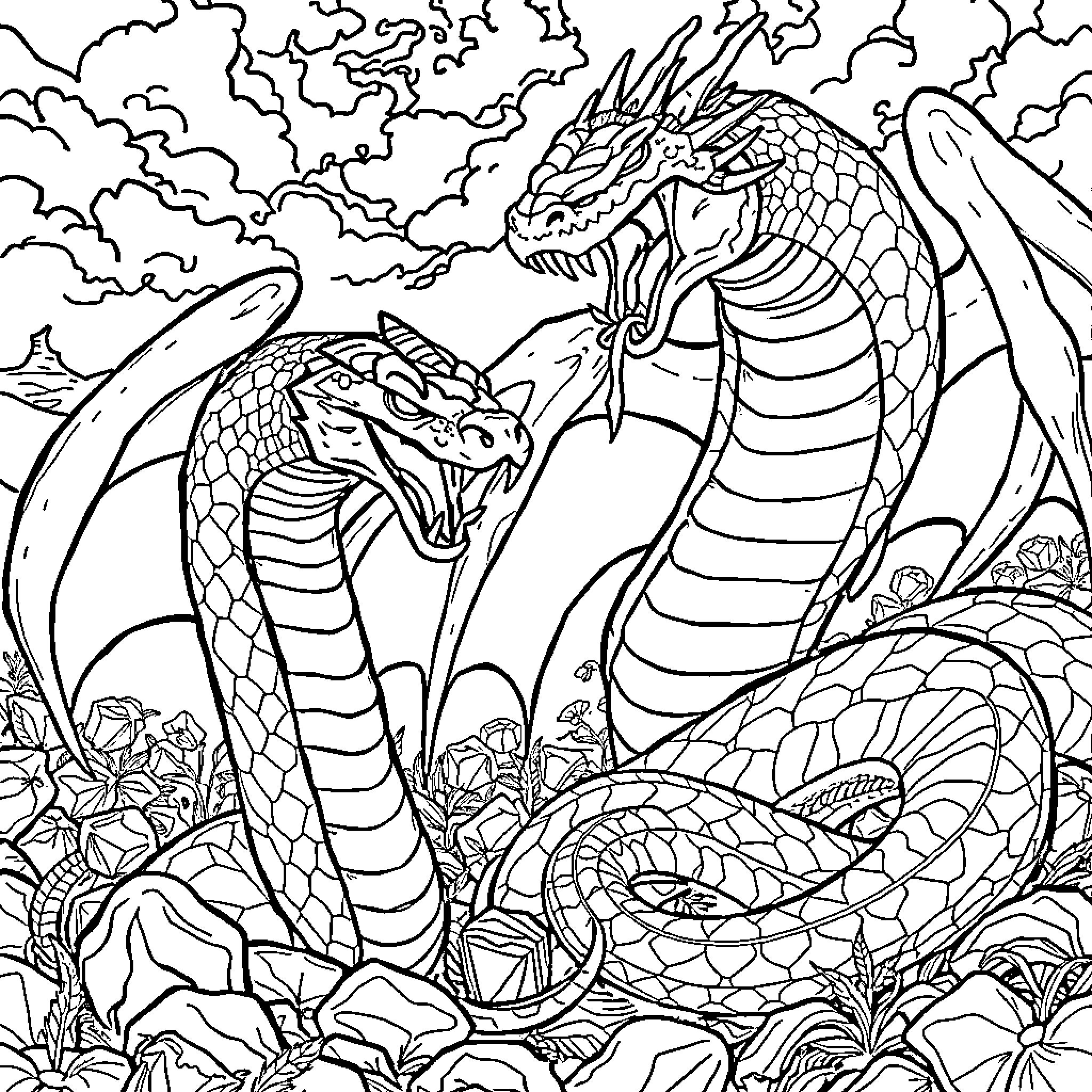 Serpent Duo Coiling in Cloudy Skies Coloring Page (free black-and-white line drawing printable PDF for all, from beginners to advanced learners, including children, teens, adults, and seniors)