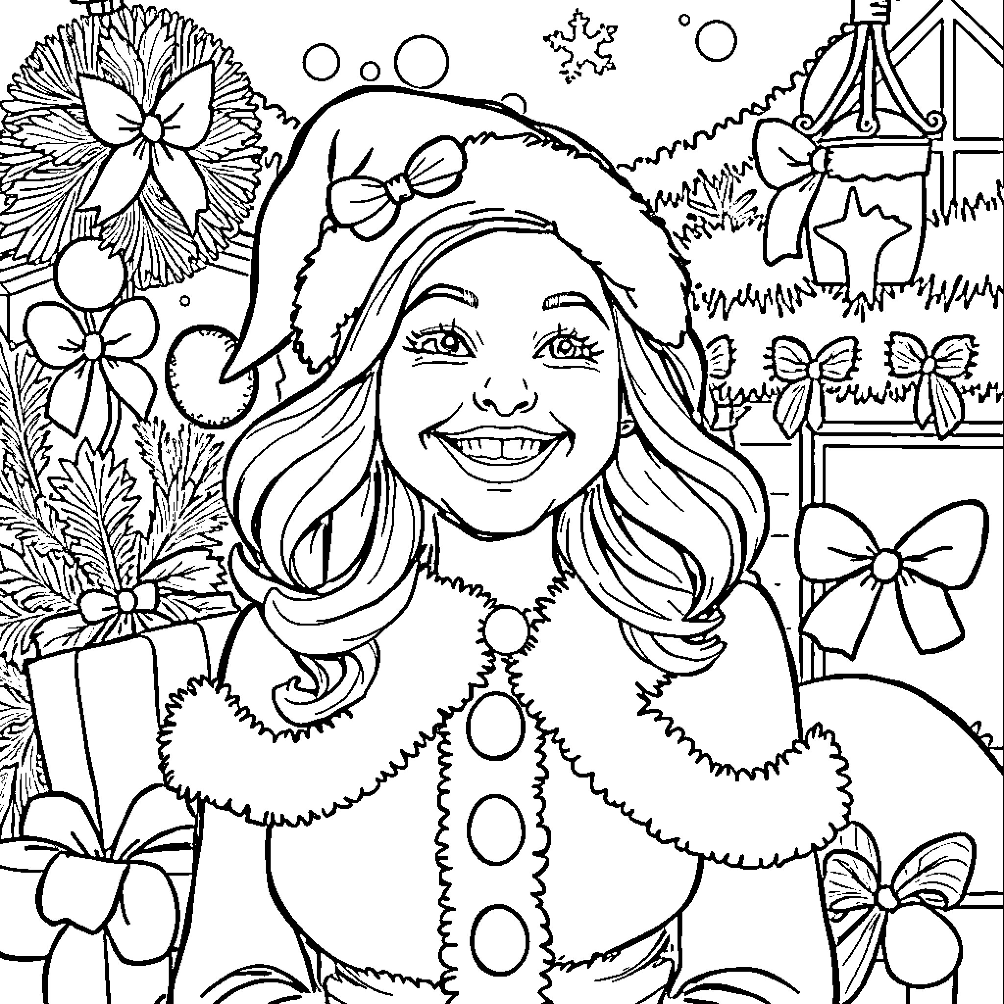 Lauralee's Festive Holiday Cheer Coloring Page (free black-and-white line drawing printable PDF for all, from beginners to advanced learners, including children, teens, adults, and seniors)