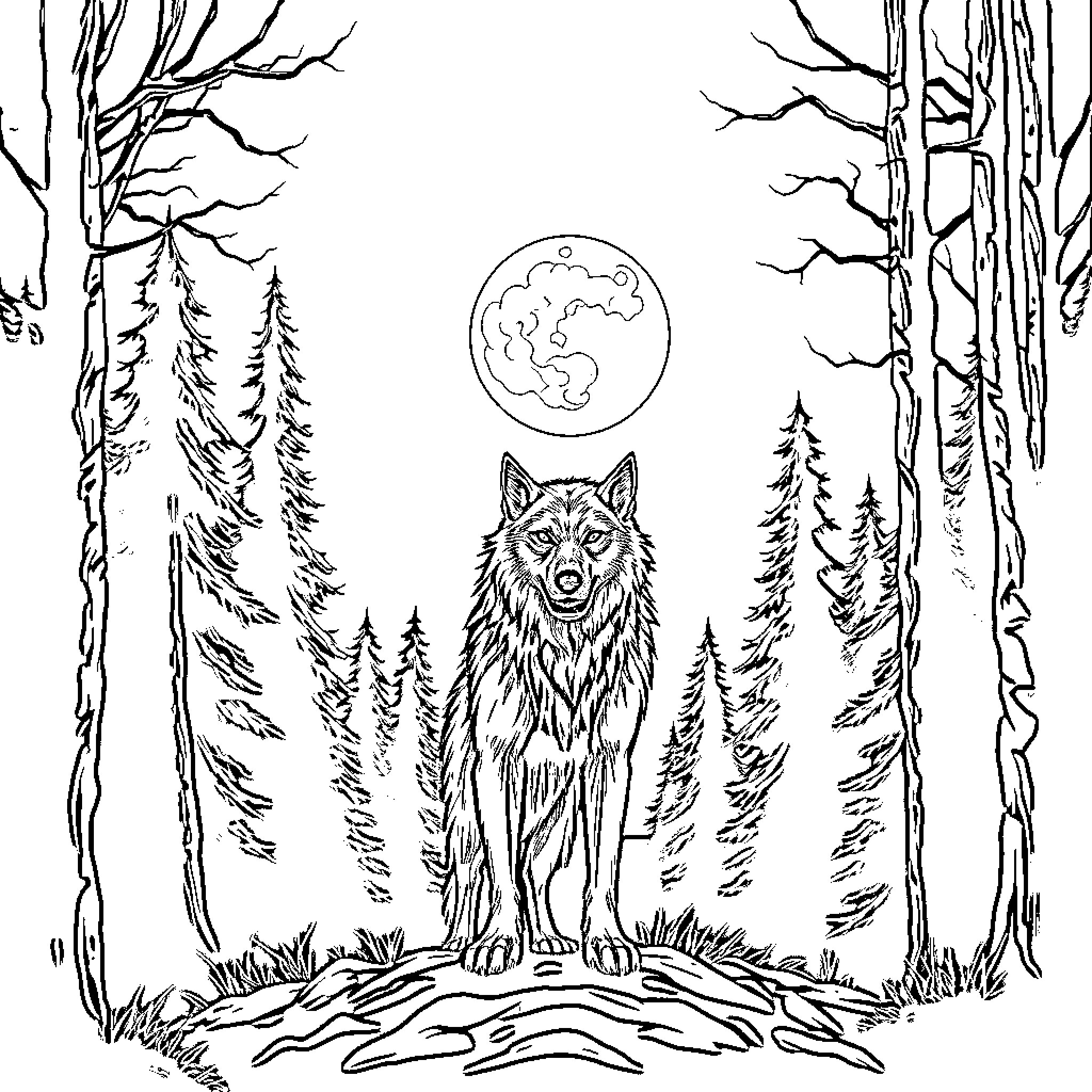 Werewolf prowling in the moonlit forest Coloring Page (free black-and-white line drawing printable PDF for all, from beginners to advanced learners, including children, teens, adults, and seniors)