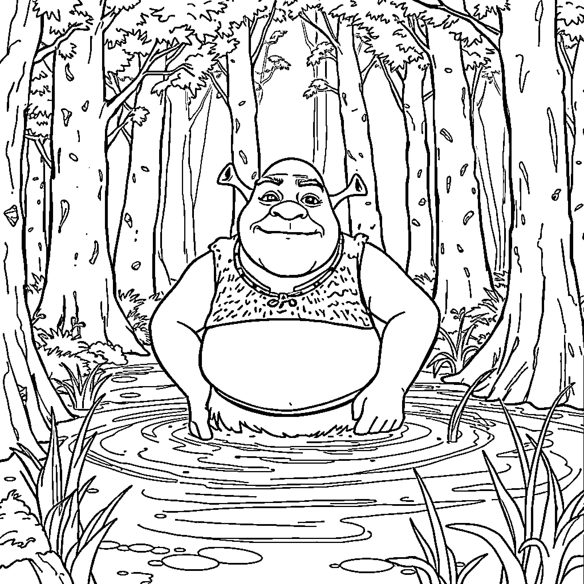 Shrek relaxing in the enchanted forest Coloring Page (free black-and-white line drawing printable PDF for all, from beginners to advanced learners, including children, teens, adults, and seniors)