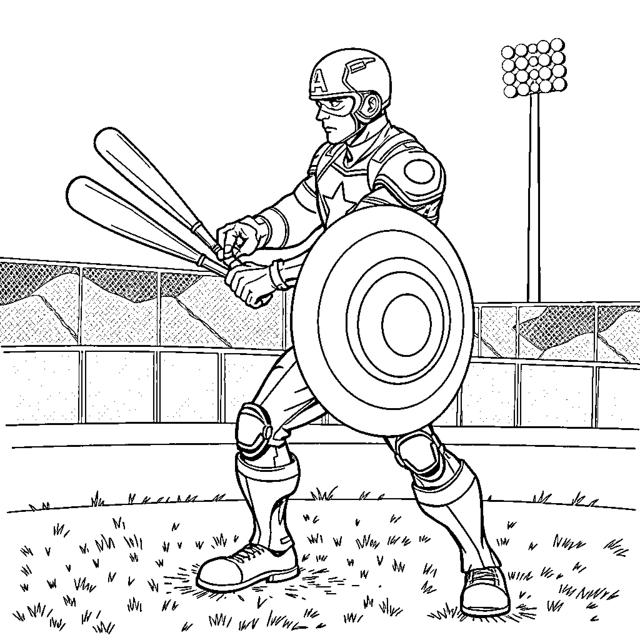 Captain America Heroic Stance on the Battlefield Coloring Page (free black-and-white line drawing printable PDF for all, from beginners to advanced learners, including children, teens, adults, and seniors)