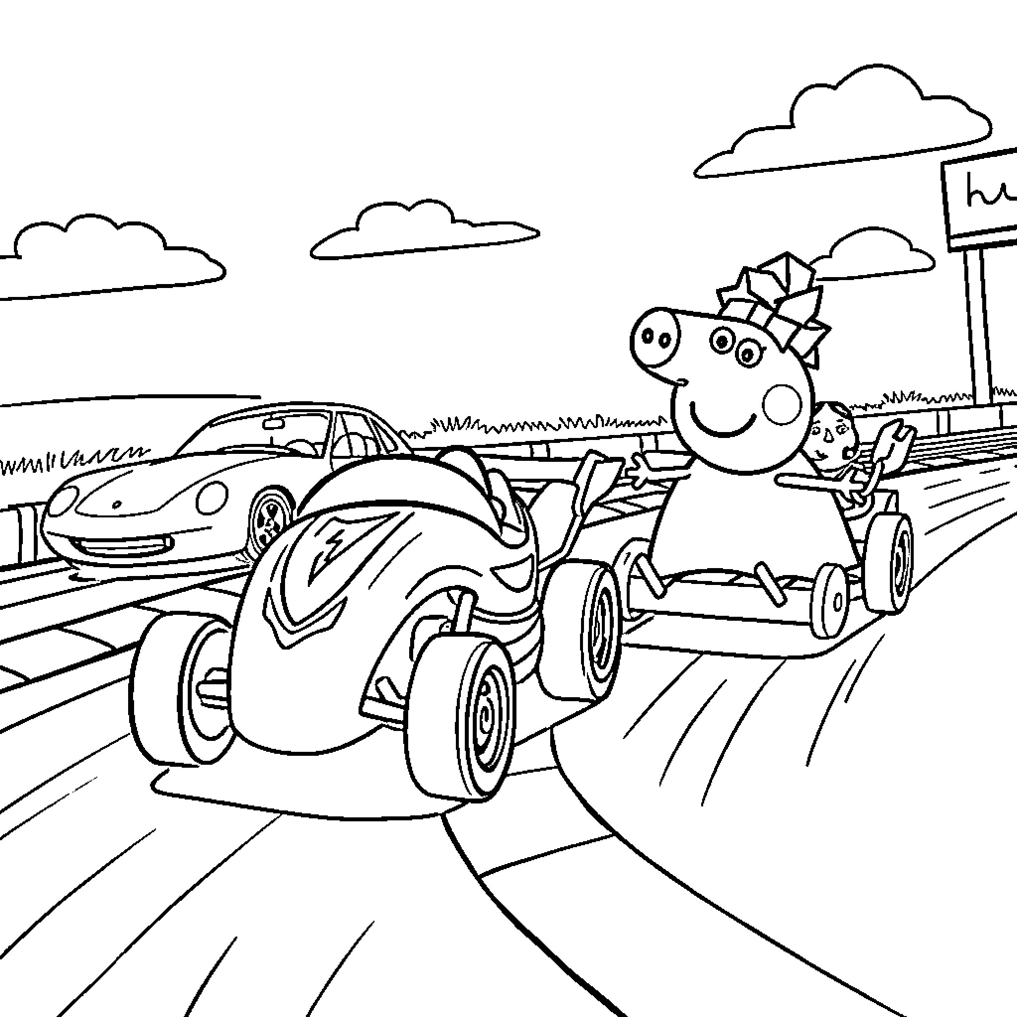 Hot Wheels racers speeding on the track Coloring Page (free black-and-white line drawing printable PDF for all, from beginners to advanced learners, including children, teens, adults, and seniors)