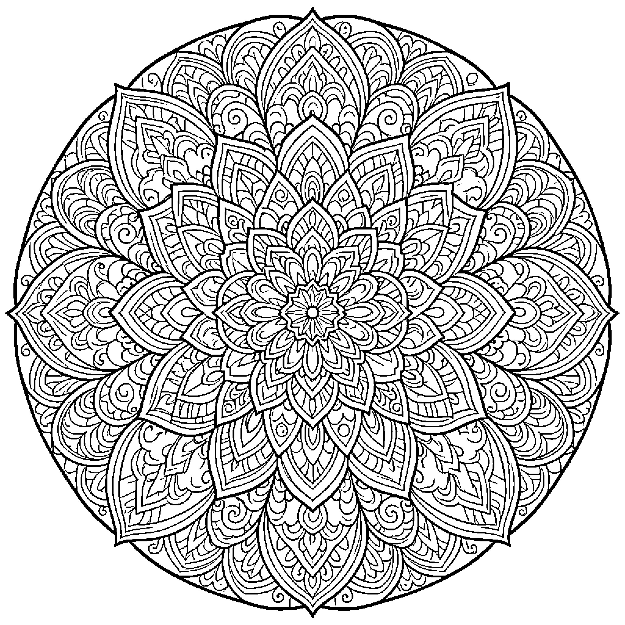 Mandala of intricate floral designs Coloring Page (free black-and-white line drawing printable PDF for all, from beginners to advanced learners, including children, teens, adults, and seniors)