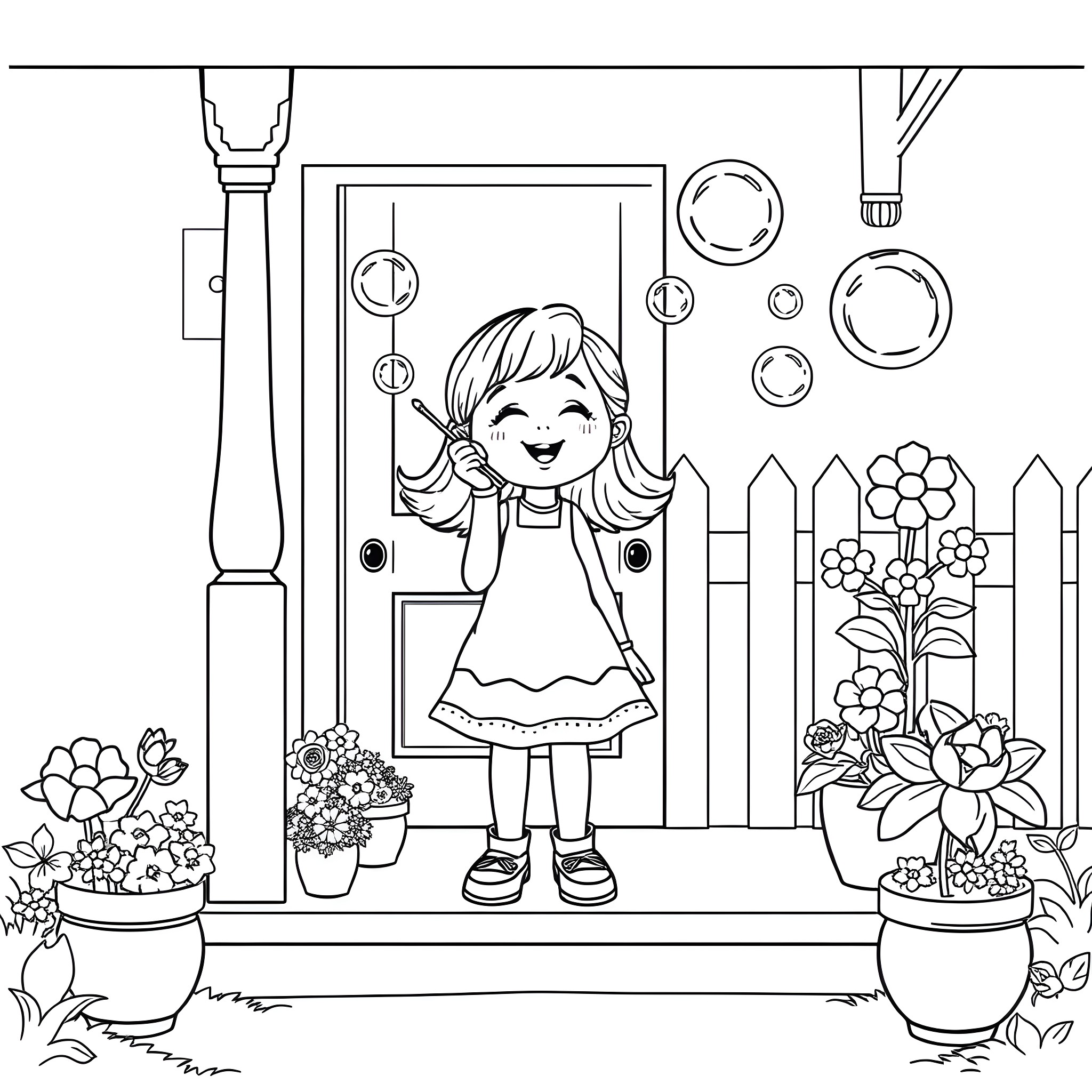 Girl playing with bubbles in a garden Coloring Page (free black-and-white line drawing printable PDF for all, from beginners to advanced learners, including children, teens, adults, and seniors)