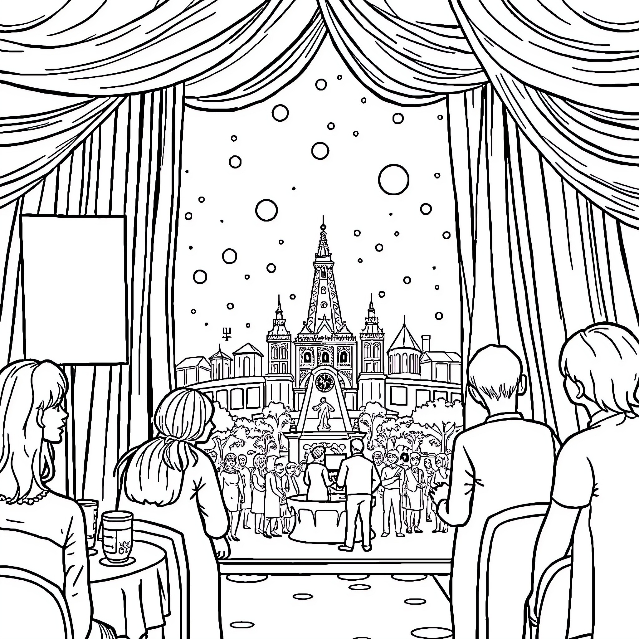 Adult Audience Enjoying Theatrical Performance on Stage Coloring Page (free black-and-white line drawing printable PDF for all, from beginners to advanced learners, including children, teens, adults, and seniors)
