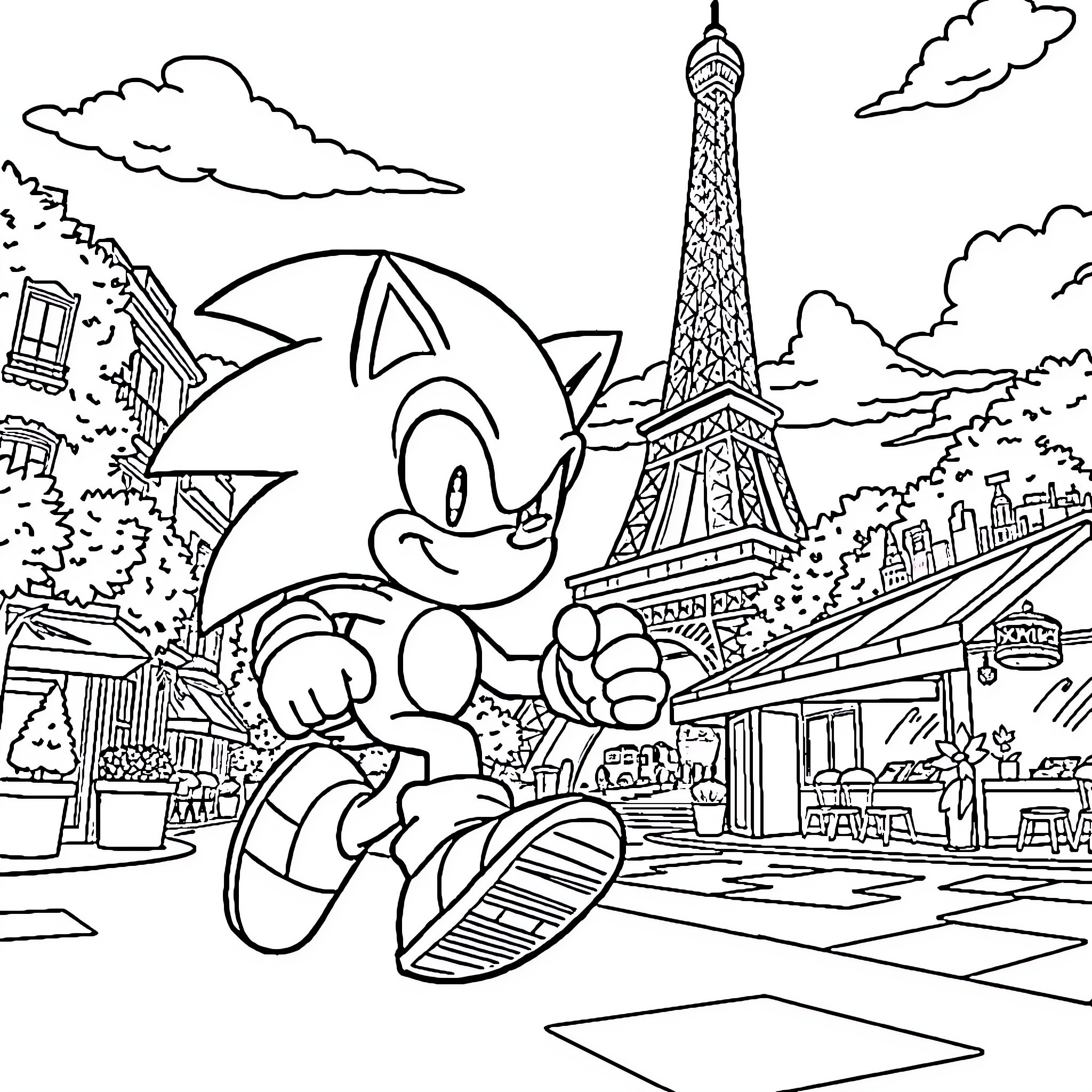 Sonic's Exciting Adventure in Paris Coloring Page (free black-and-white line drawing printable PDF for all, from beginners to advanced learners, including children, teens, adults, and seniors)