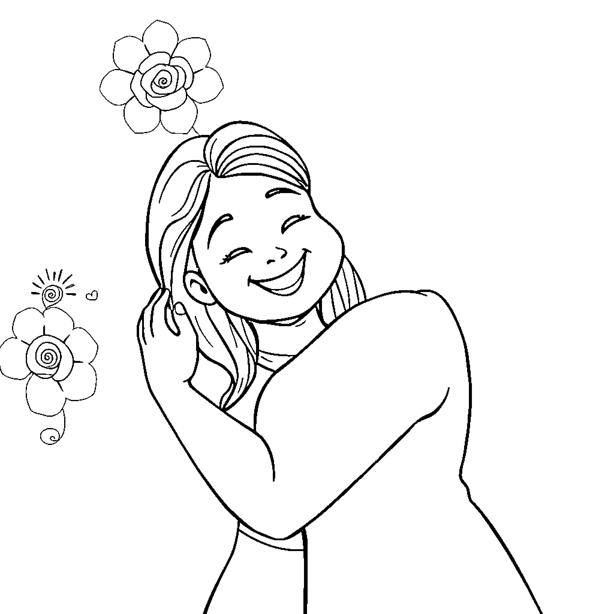 Mom enjoying flowers and nature's beauty Coloring Page (free black-and-white line drawing printable PDF for all, from beginners to advanced learners, including children, teens, adults, and seniors)