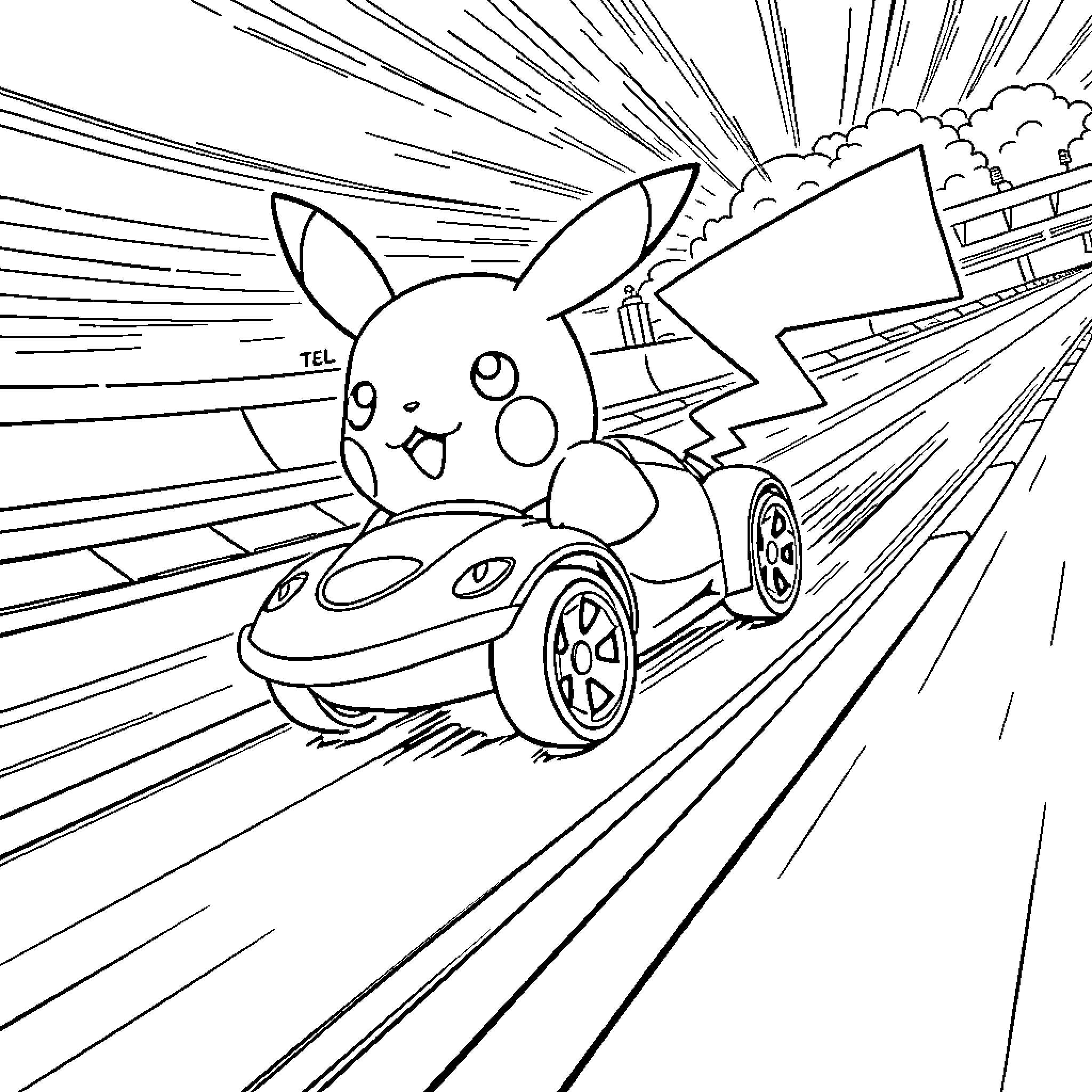 Pikachu Racing Speedily on the Road Coloring Page (free black-and-white line drawing printable PDF for all, from beginners to advanced learners, including children, teens, adults, and seniors)