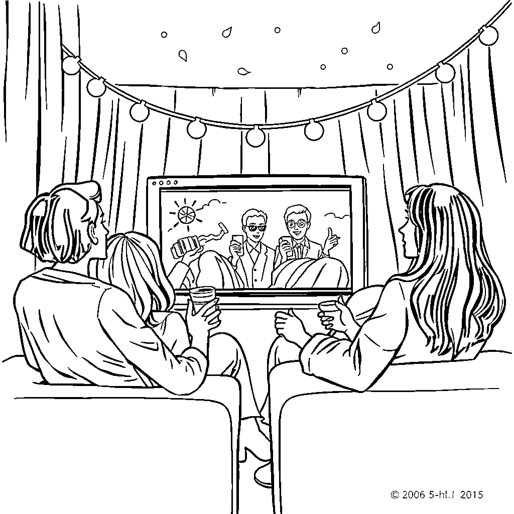 Movie Night with Friends Watching TV Coloring Page (free black-and-white line drawing printable PDF for all, from beginners to advanced learners, including children, teens, adults, and seniors)