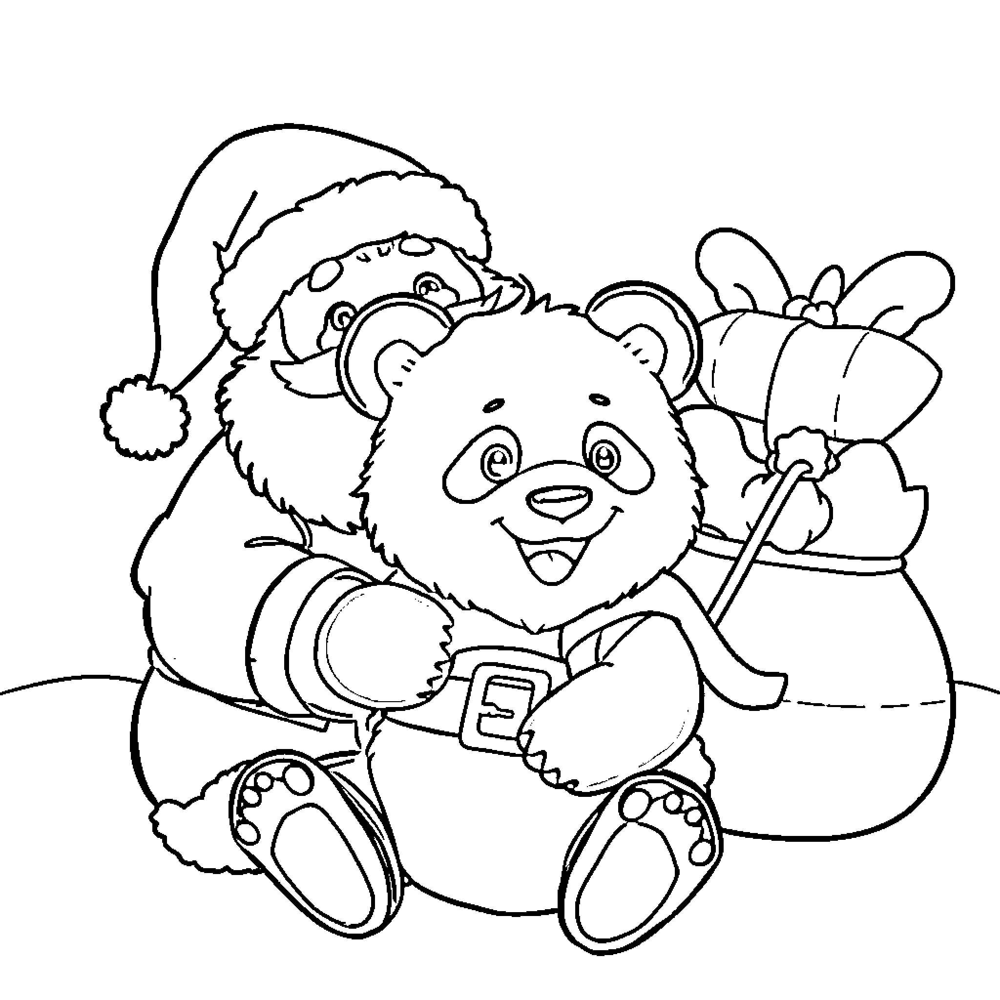 Panda wearing a Santa hat with gifts Coloring Page (free black-and-white line drawing printable PDF for all, from beginners to advanced learners, including children, teens, adults, and seniors)