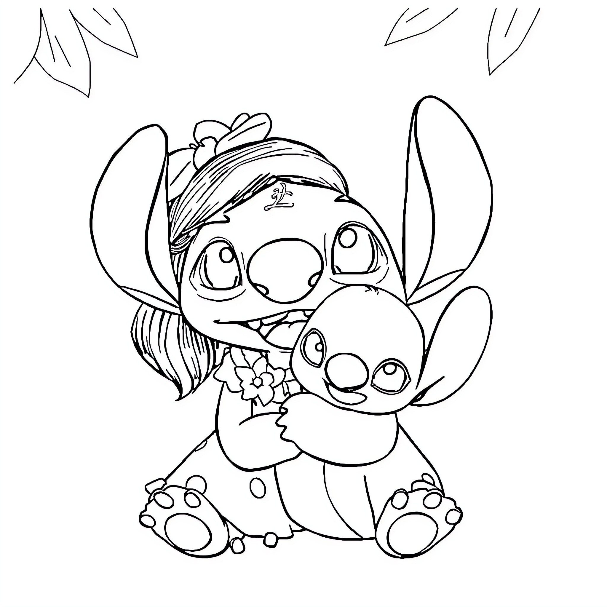 Lilo Stitch hugging plush Scrump toy Coloring Page (free black-and-white line drawing printable PDF for all, from beginners to advanced learners, including children, teens, adults, and seniors)