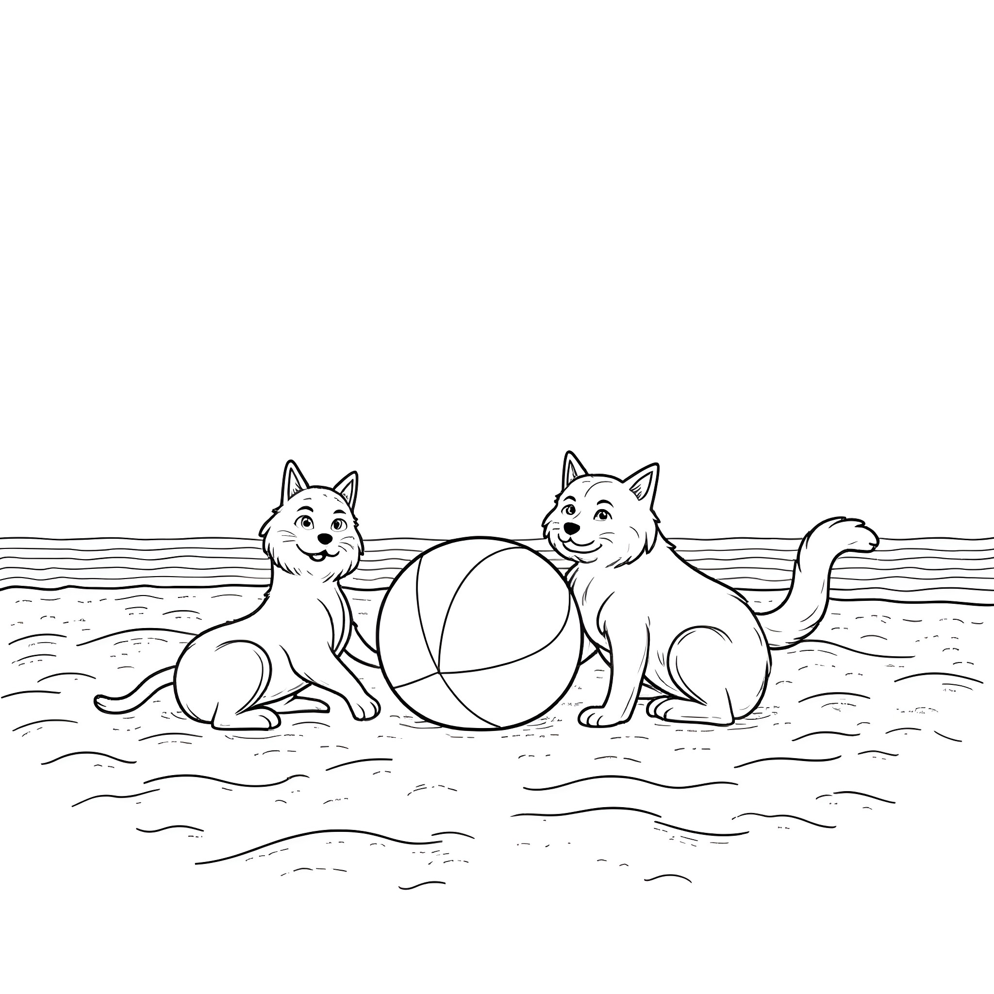 Cats playing with beach ball in water Coloring Page (free black-and-white line drawing printable PDF for all, from beginners to advanced learners, including children, teens, adults, and seniors)