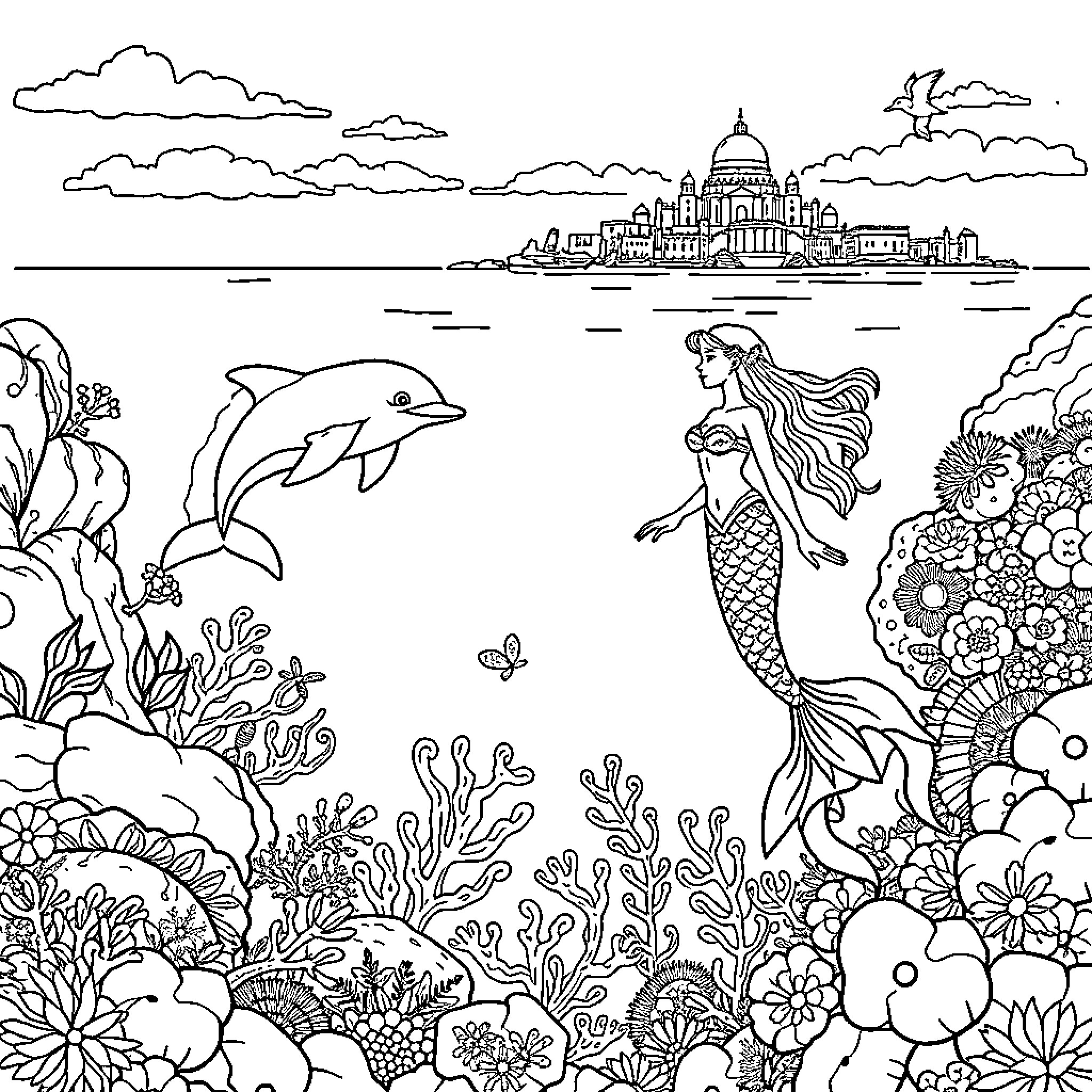 Mermaid swimming with dolphins in a vibrant underwater garden Coloring Page (free black-and-white line drawing printable PDF for all, from beginners to advanced learners, including children, teens, adults, and seniors)
