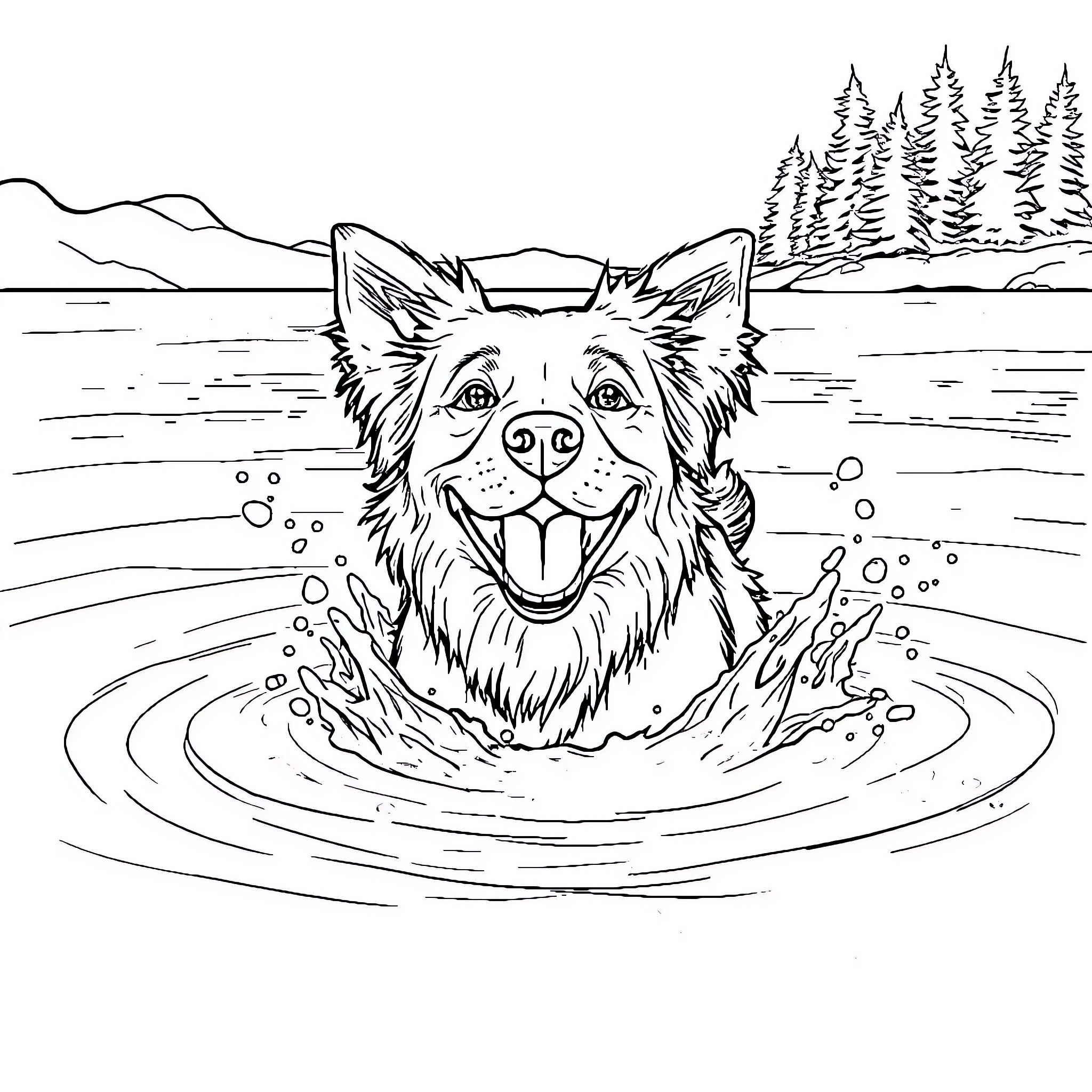 Dog Enjoying a Refreshing Swim in the Lake Coloring Page (free black-and-white line drawing printable PDF for all, from beginners to advanced learners, including children, teens, adults, and seniors)