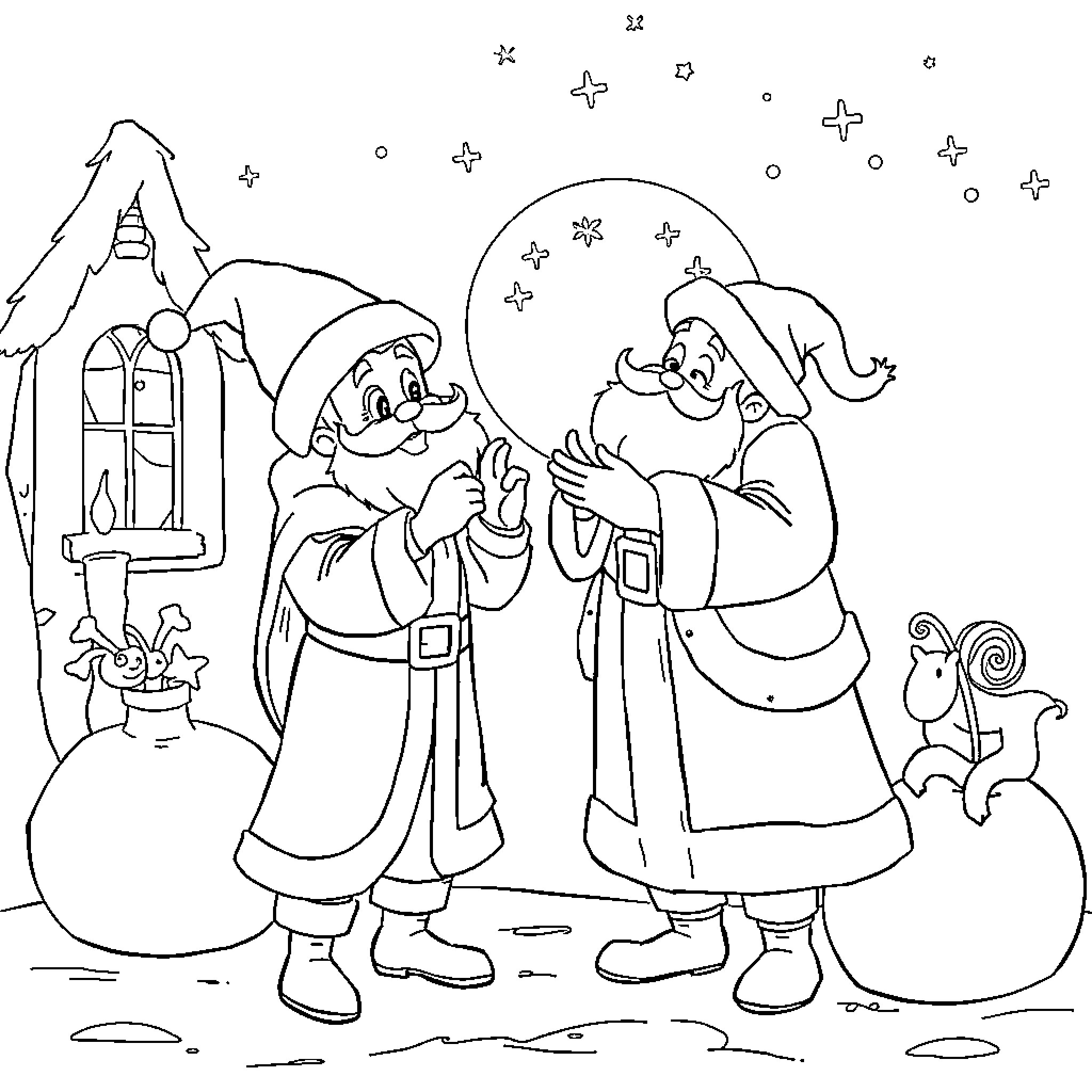 Saint Nicolas Spreading Holiday Cheer with Companions Coloring Page (free black-and-white line drawing printable PDF for all, from beginners to advanced learners, including children, teens, adults, and seniors)