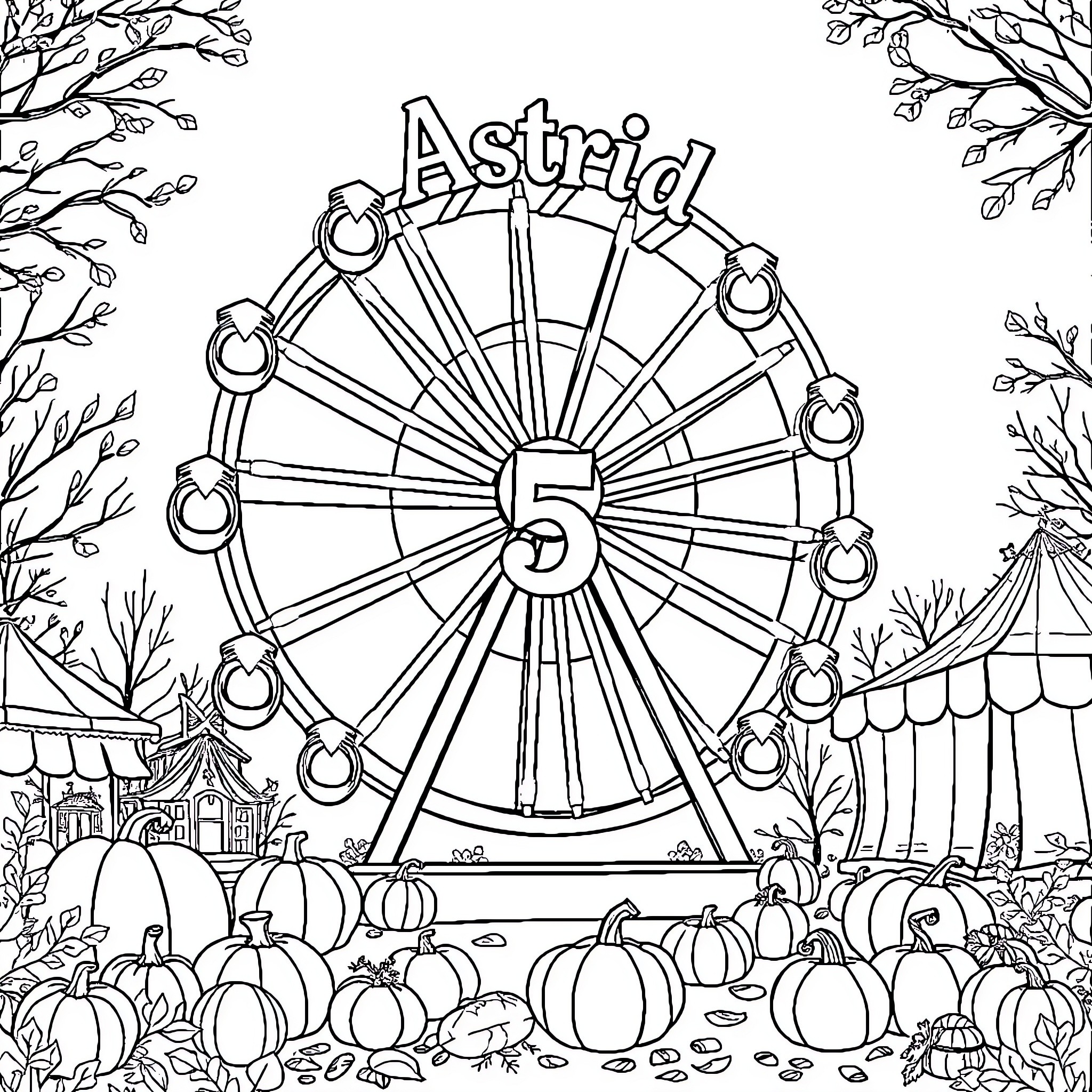 Ferris Wheel at Autumn Carnival with Pumpkins Coloring Page (free black-and-white line drawing printable PDF for all, from beginners to advanced learners, including children, teens, adults, and seniors)