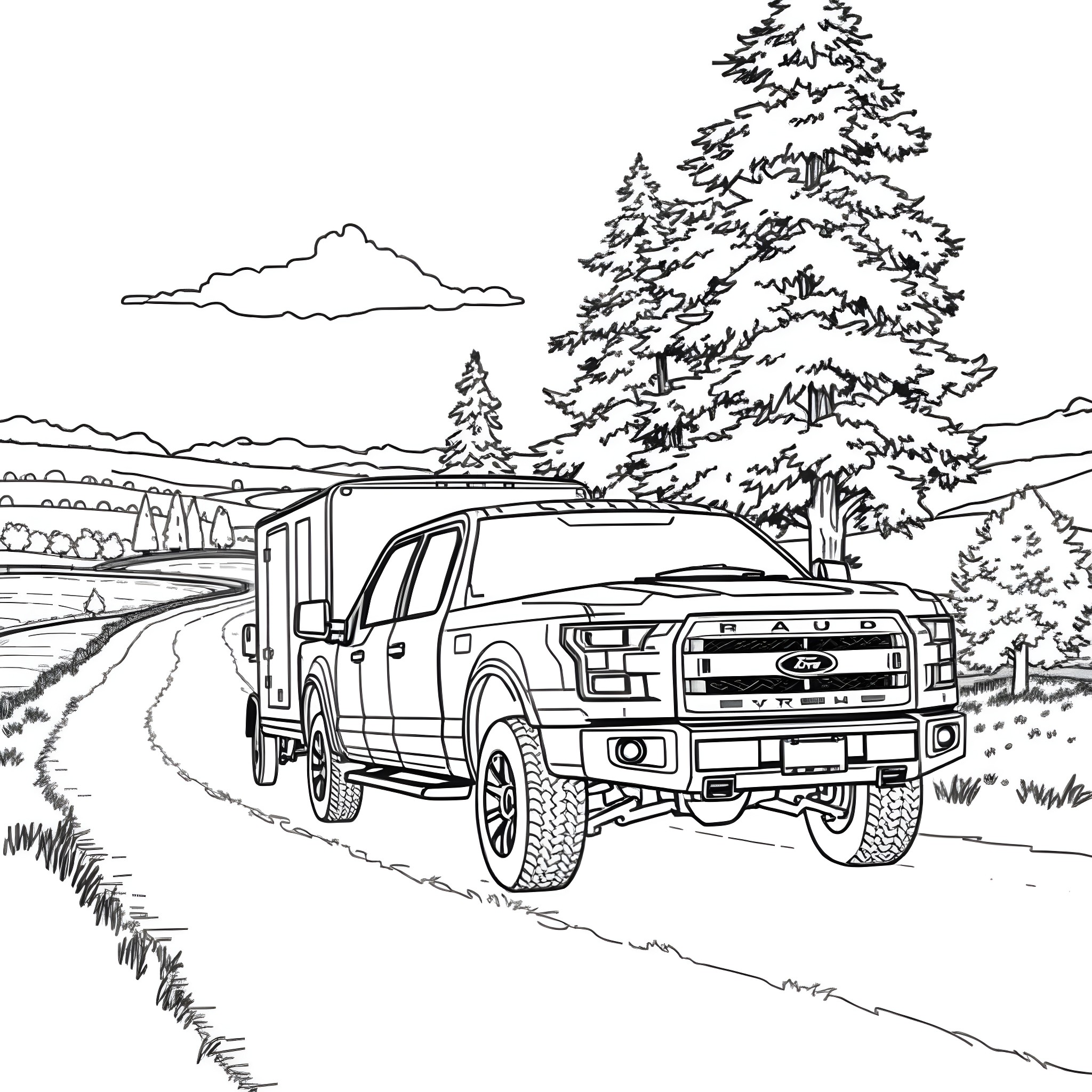 Pickup truck on country road with pine trees Coloring Page (free black-and-white line drawing printable PDF for all, from beginners to advanced learners, including children, teens, adults, and seniors)