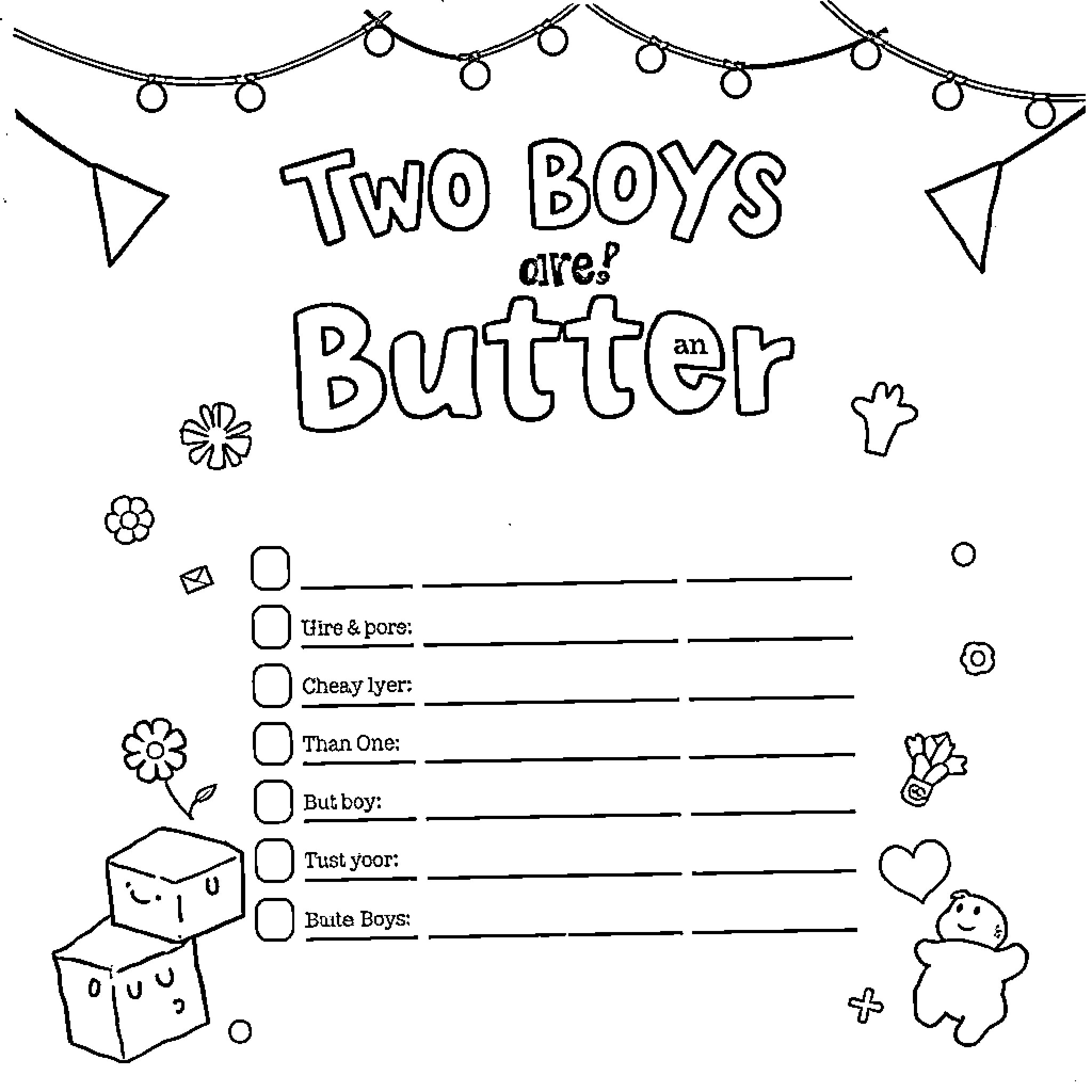 Butter and two boys' expressions Coloring Page (free black-and-white line drawing printable PDF for all, from beginners to advanced learners, including children, teens, adults, and seniors)