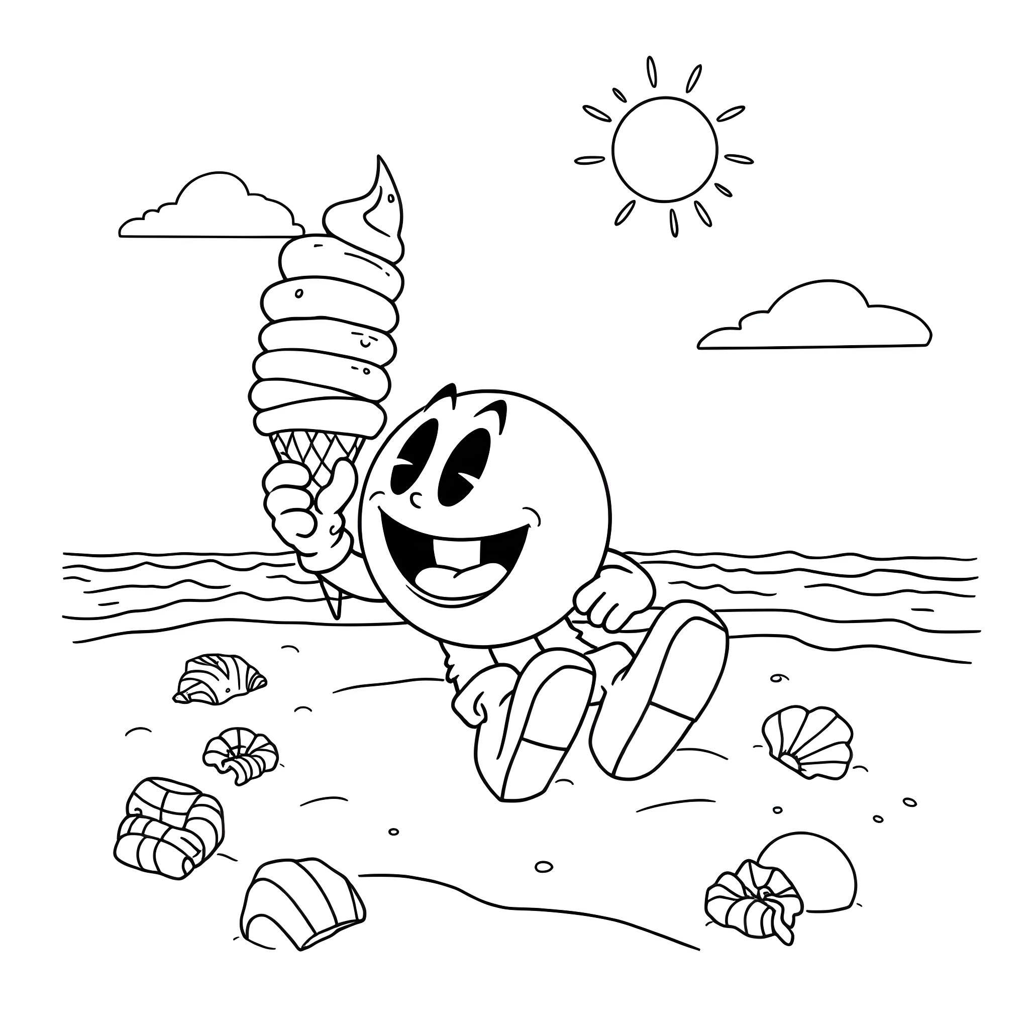 Pac-Man enjoying a day at the beach Coloring Page (free black-and-white line drawing printable PDF for all, from beginners to advanced learners, including children, teens, adults, and seniors)