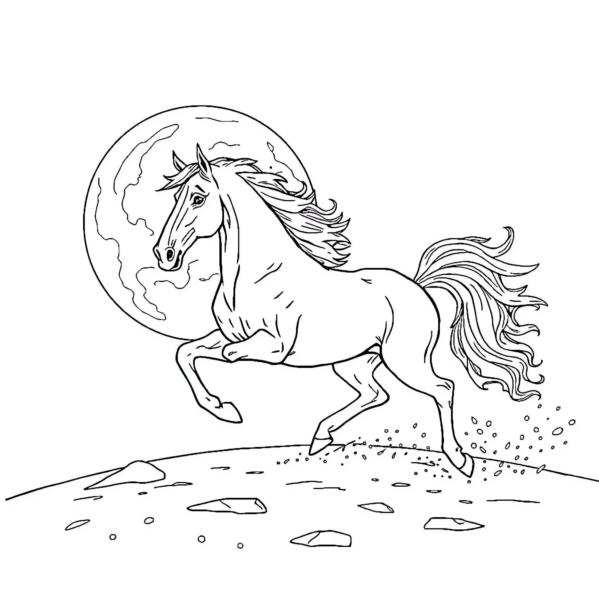 Horse galloping through the moonlit landscape Coloring Page (free black-and-white line drawing printable PDF for all, from beginners to advanced learners, including children, teens, adults, and seniors)