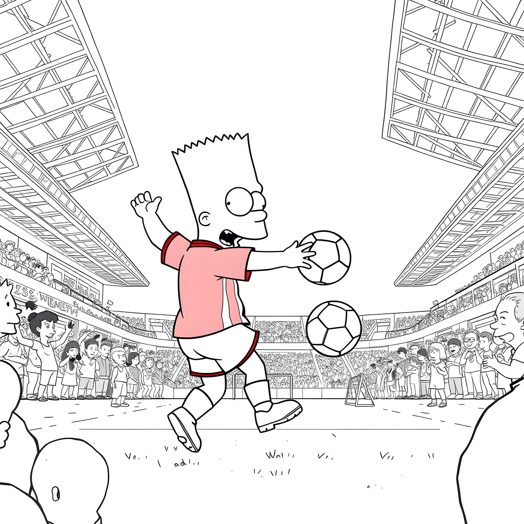 Bart Simpson playing soccer in a stadium Coloring Page (free black-and-white line drawing printable PDF for all, from beginners to advanced learners, including children, teens, adults, and seniors)