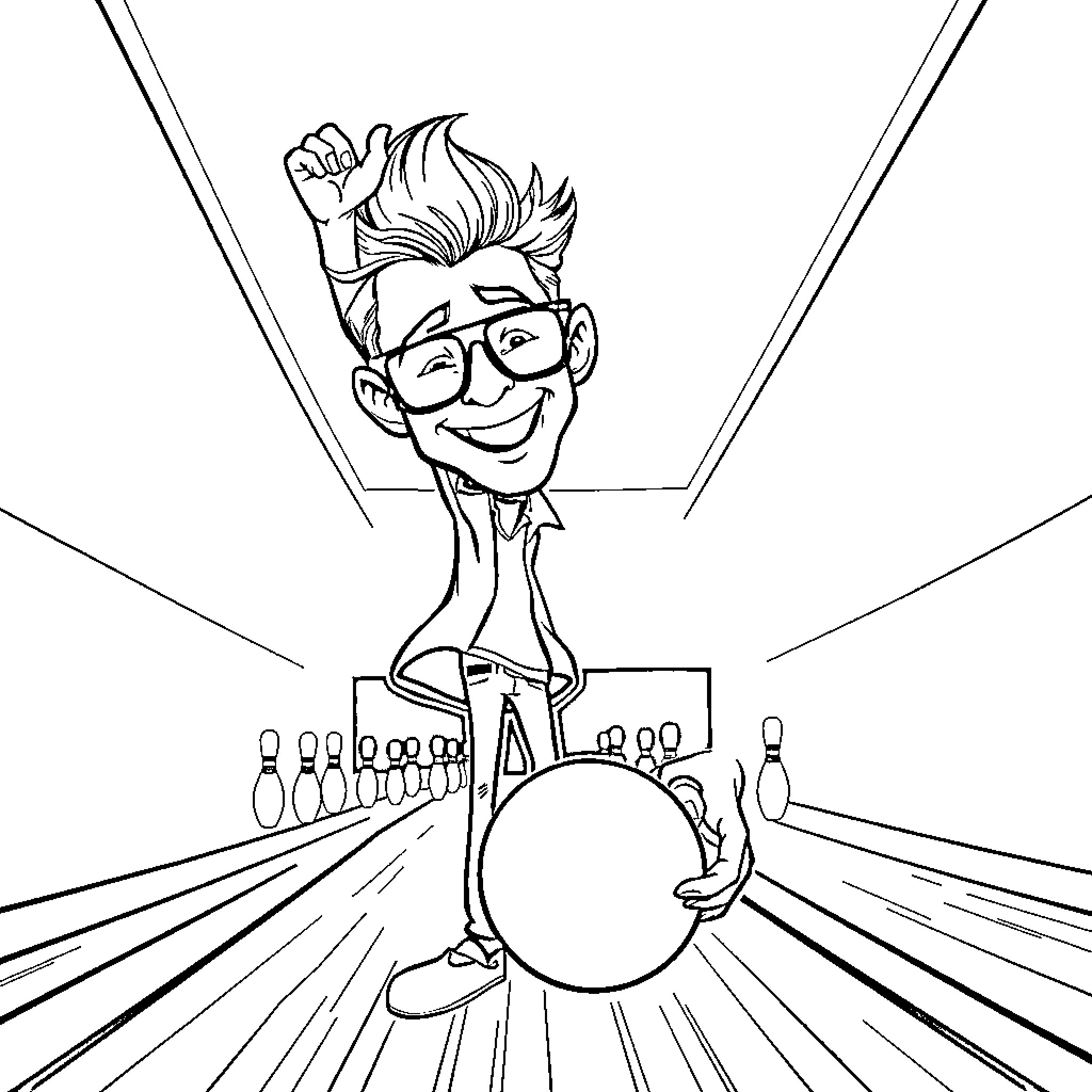 Guy Bowling with Enthusiasm in the Alley Coloring Page (free black-and-white line drawing printable PDF for all, from beginners to advanced learners, including children, teens, adults, and seniors)