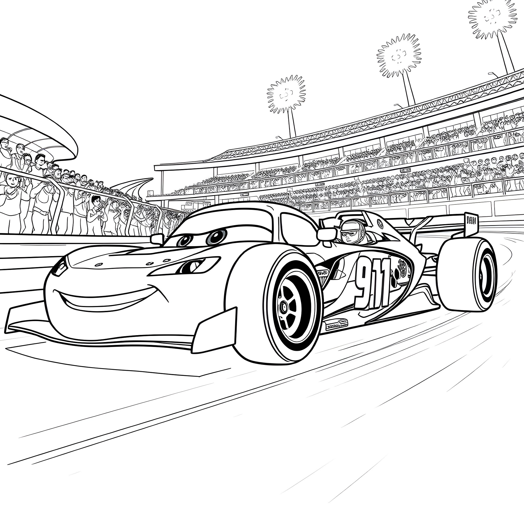 Car racing on the speedway track Coloring Page (free black-and-white line drawing printable PDF for all, from beginners to advanced learners, including children, teens, adults, and seniors)