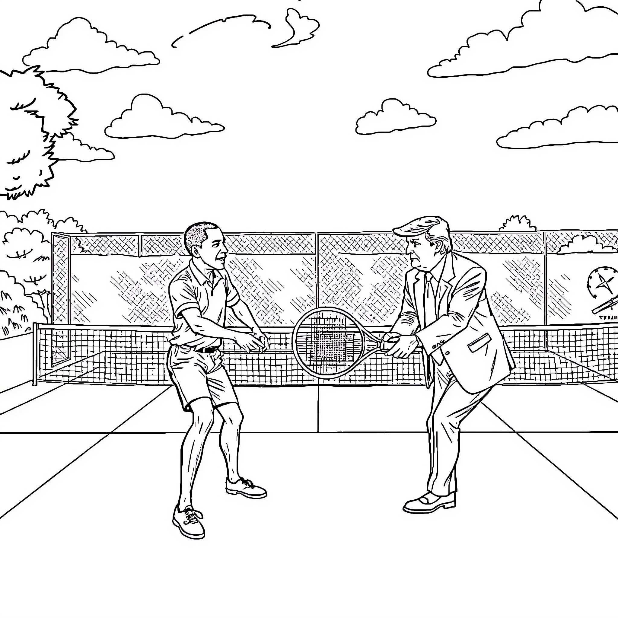 Obama Playing Tennis with Colleague on Court Coloring Page (free black-and-white line drawing printable PDF for all, from beginners to advanced learners, including children, teens, adults, and seniors)