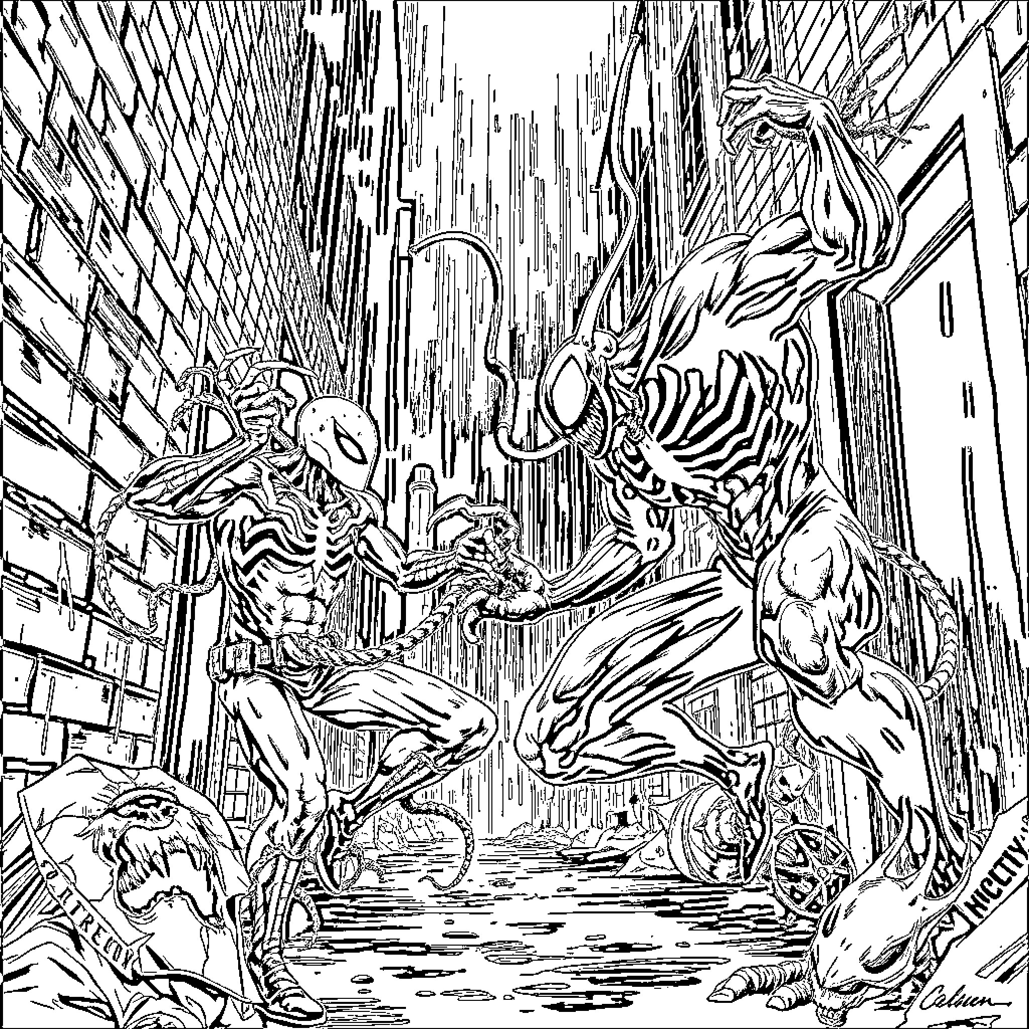 Carnage in the Chaotic Urban Landscape Coloring Page (free black-and-white line drawing printable PDF for all, from beginners to advanced learners, including children, teens, adults, and seniors)