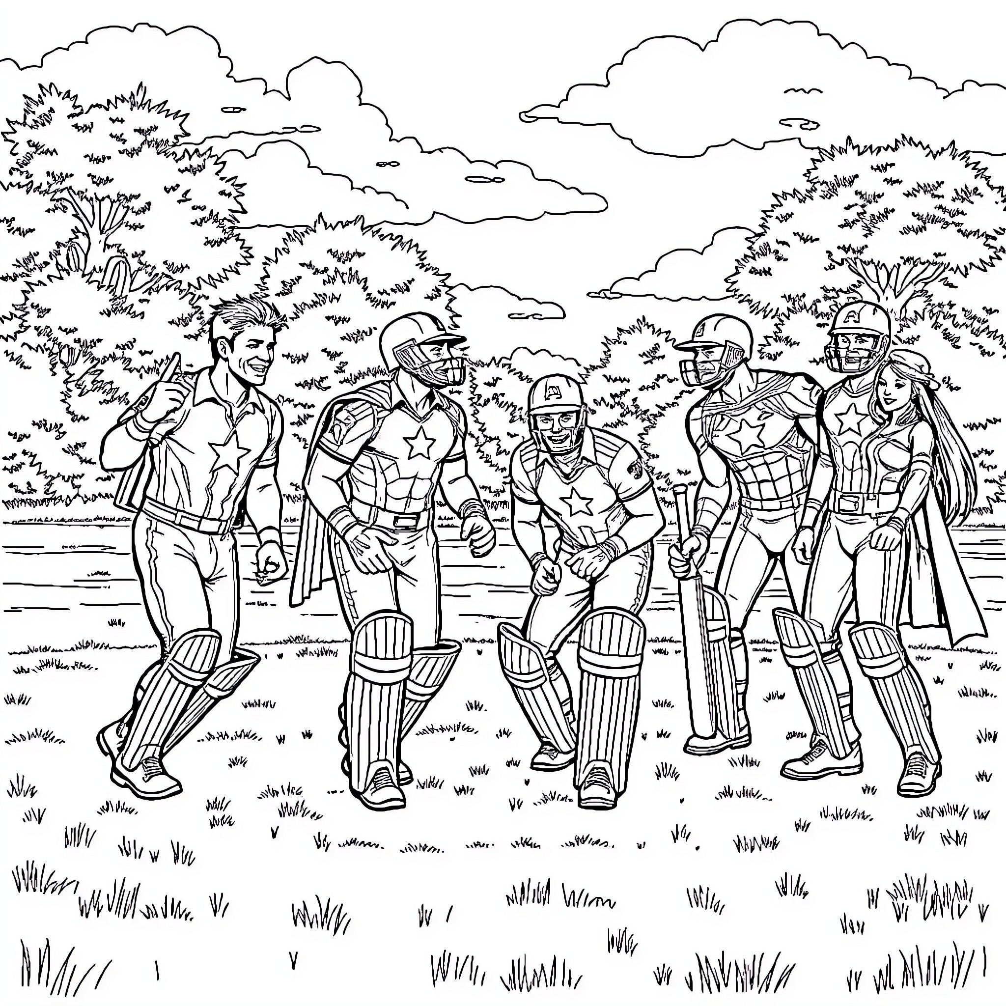 Avenger team in action on the playing field Coloring Page (free black-and-white line drawing printable PDF for all, from beginners to advanced learners, including children, teens, adults, and seniors)