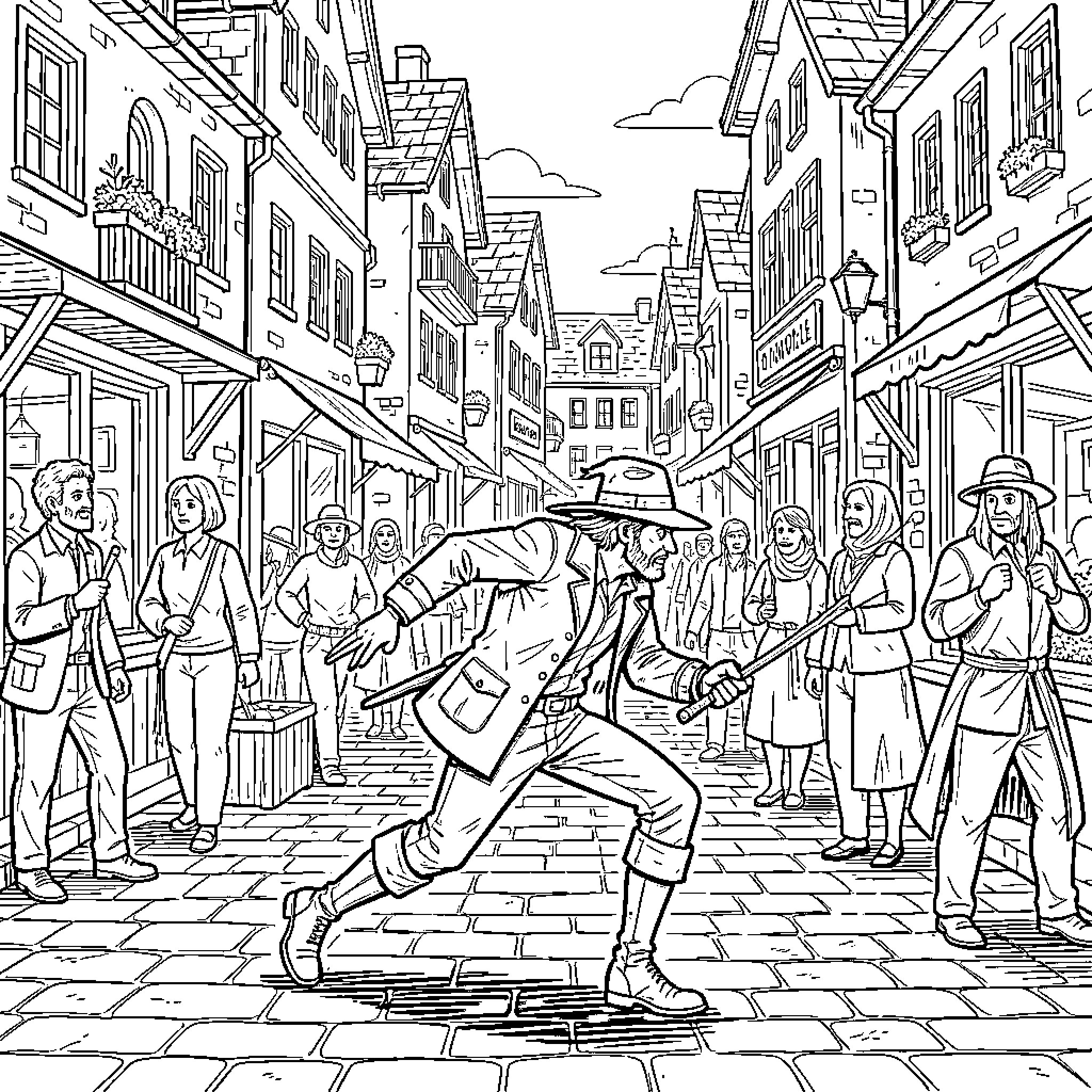 Thief running through a crowded cobblestone street Coloring Page (free black-and-white line drawing printable PDF for all, from beginners to advanced learners, including children, teens, adults, and seniors)