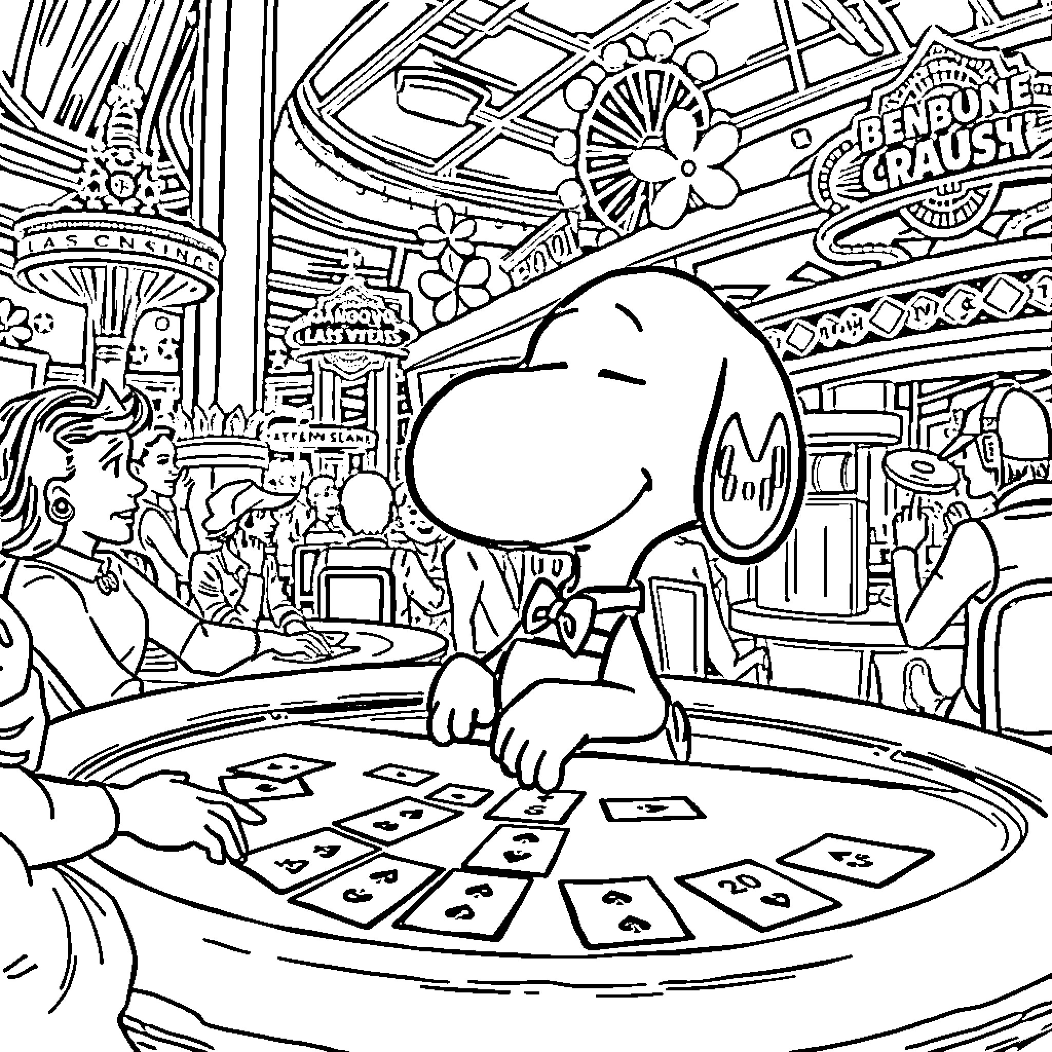 Snoopy playing cards in the casino Coloring Page (free black-and-white line drawing printable PDF for all, from beginners to advanced learners, including children, teens, adults, and seniors)