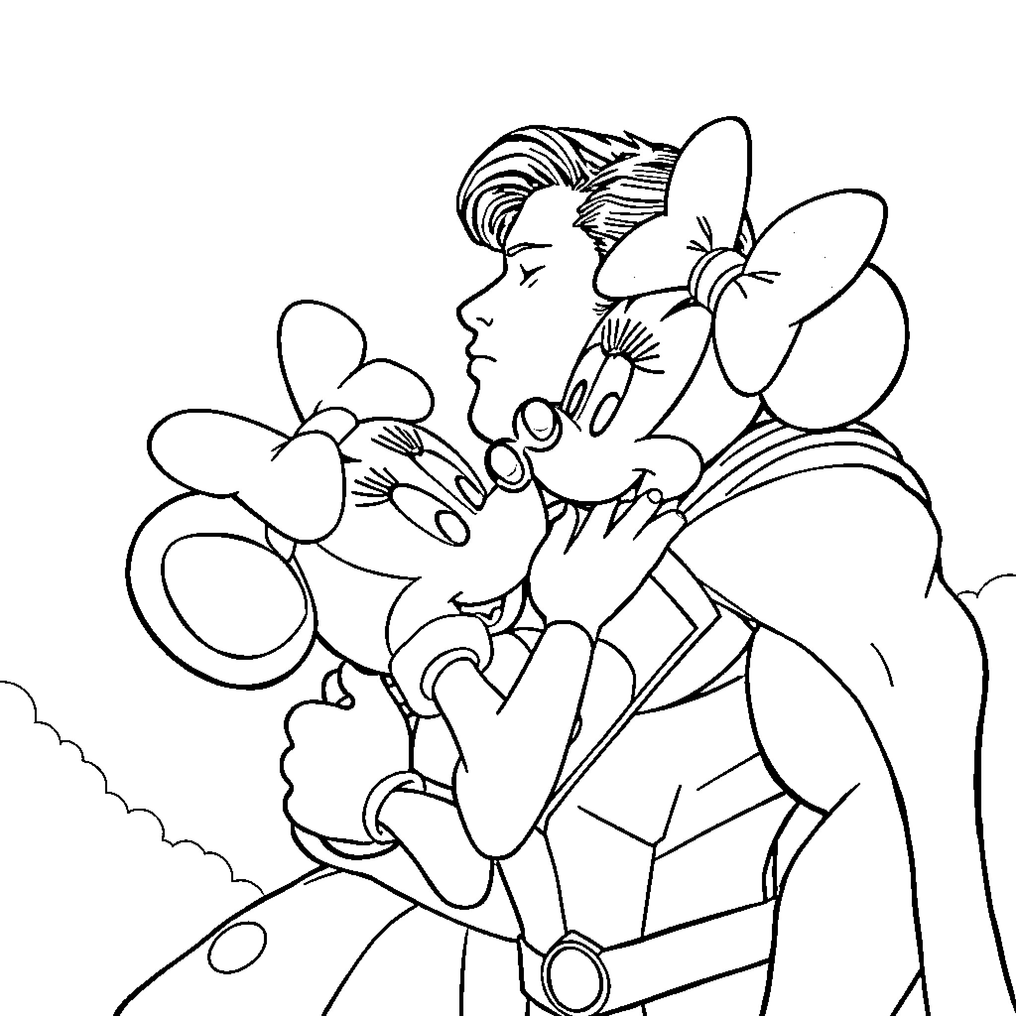 Superman and Minnie Mouse in a Loving Embrace Coloring Page (free black-and-white line drawing printable PDF for all, from beginners to advanced learners, including children, teens, adults, and seniors)