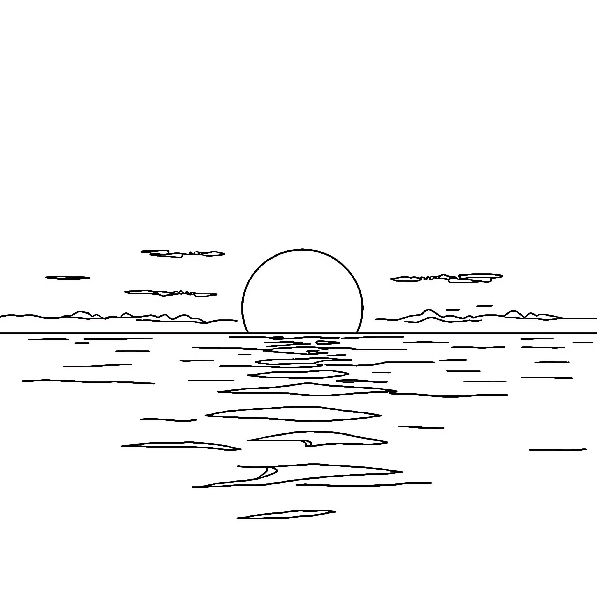 Sunset tranquil waterscape scene Coloring Page (free black-and-white line drawing printable PDF for all, from beginners to advanced learners, including children, teens, adults, and seniors)