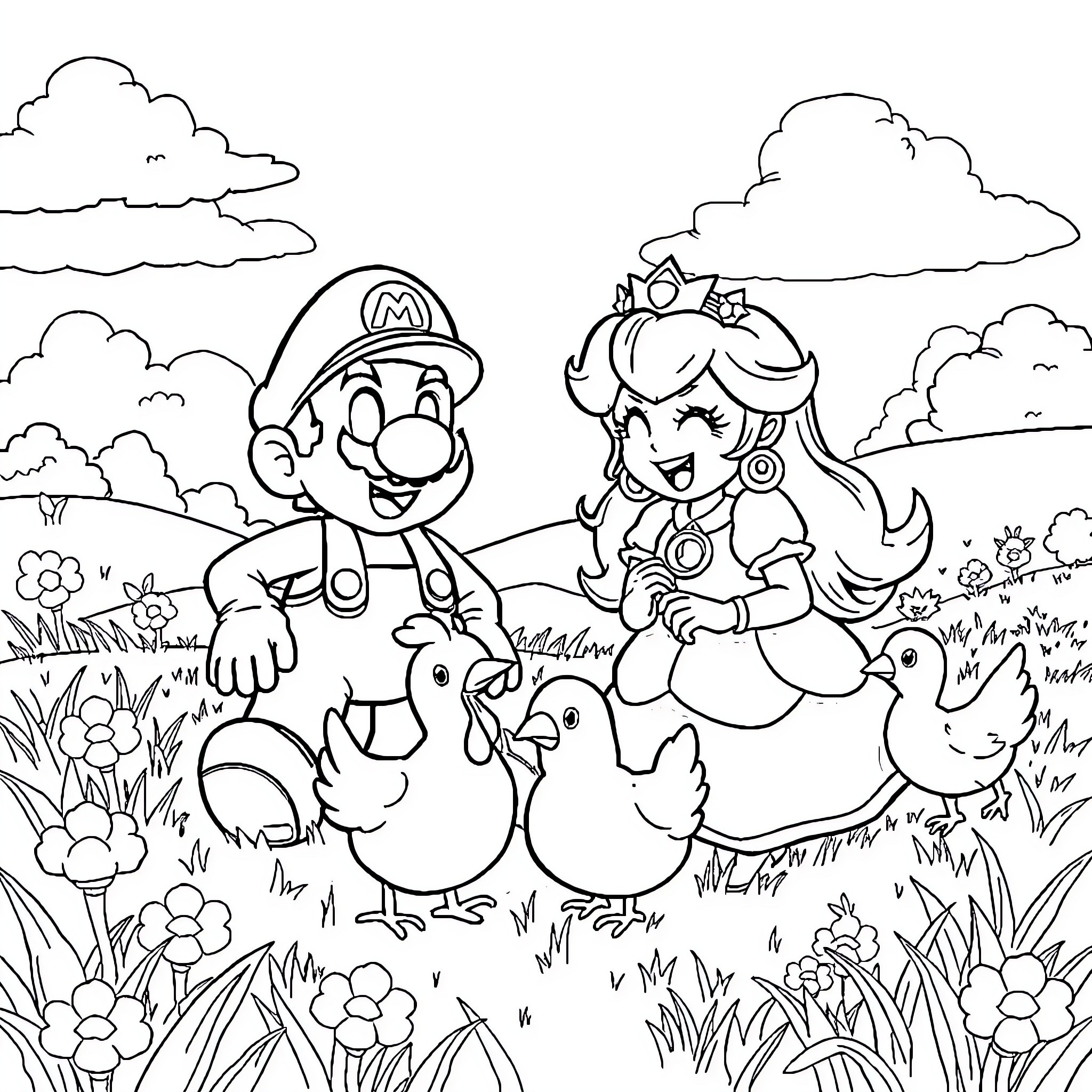 Mario and Princess having fun with ducklings in nature Coloring Page (free black-and-white line drawing printable PDF for all, from beginners to advanced learners, including children, teens, adults, and seniors)