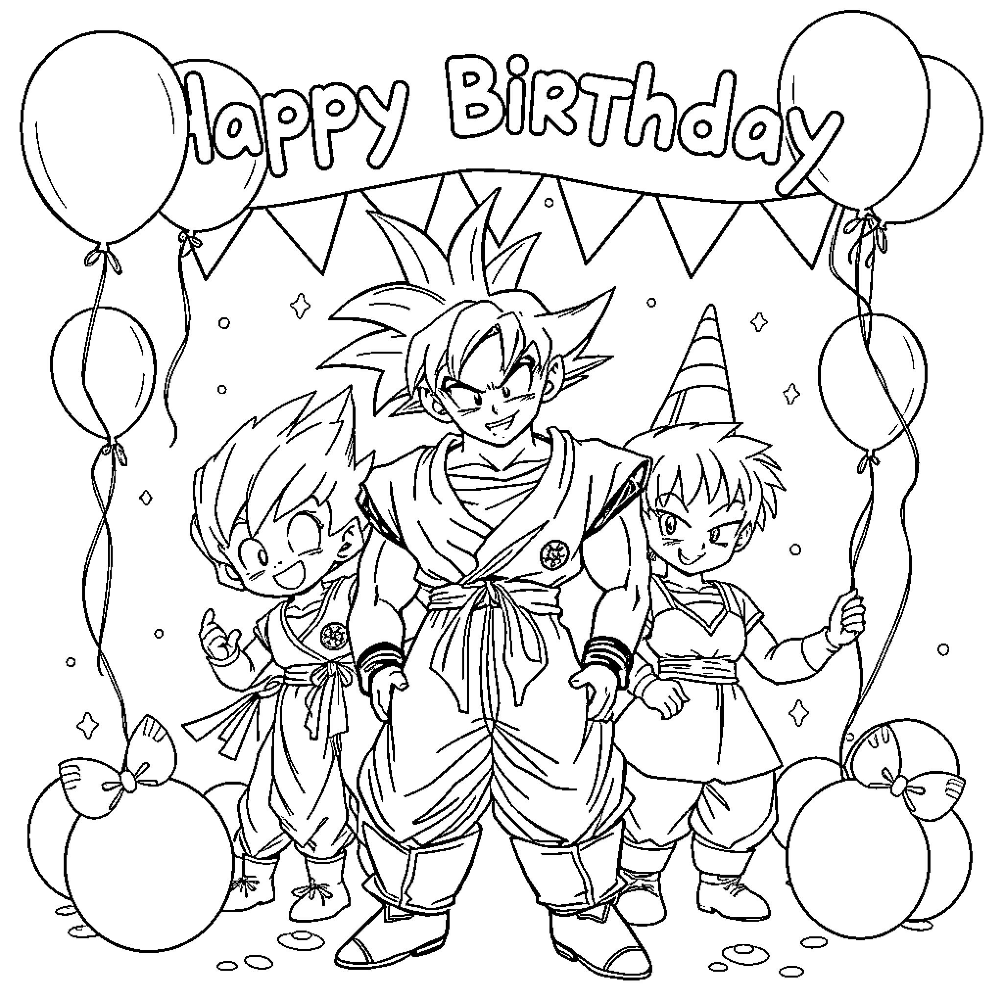 Dragon Ball Z Birthday Celebration with Characters Coloring Page (free black-and-white line drawing printable PDF for all, from beginners to advanced learners, including children, teens, adults, and seniors)