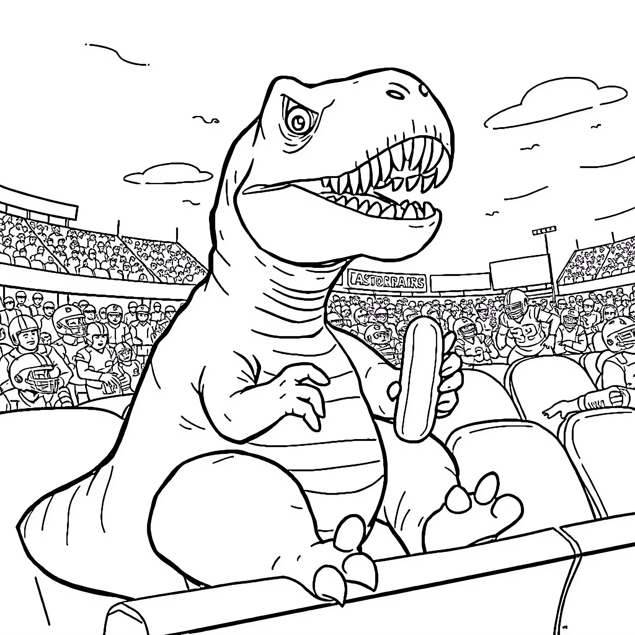 T-Rex Roaring at Crowd in Sports Stadium Coloring Page (free black-and-white line drawing printable PDF for all, from beginners to advanced learners, including children, teens, adults, and seniors)