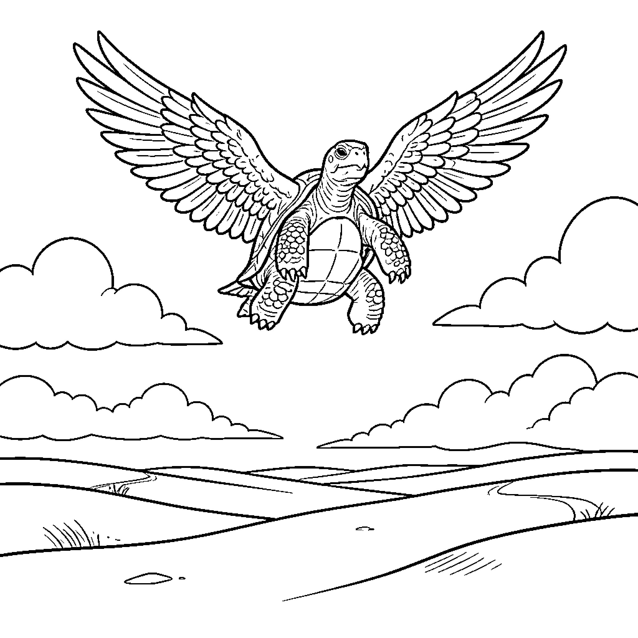 Tortoise soaring majestically in the sky Coloring Page (free black-and-white line drawing printable PDF for all, from beginners to advanced learners, including children, teens, adults, and seniors)