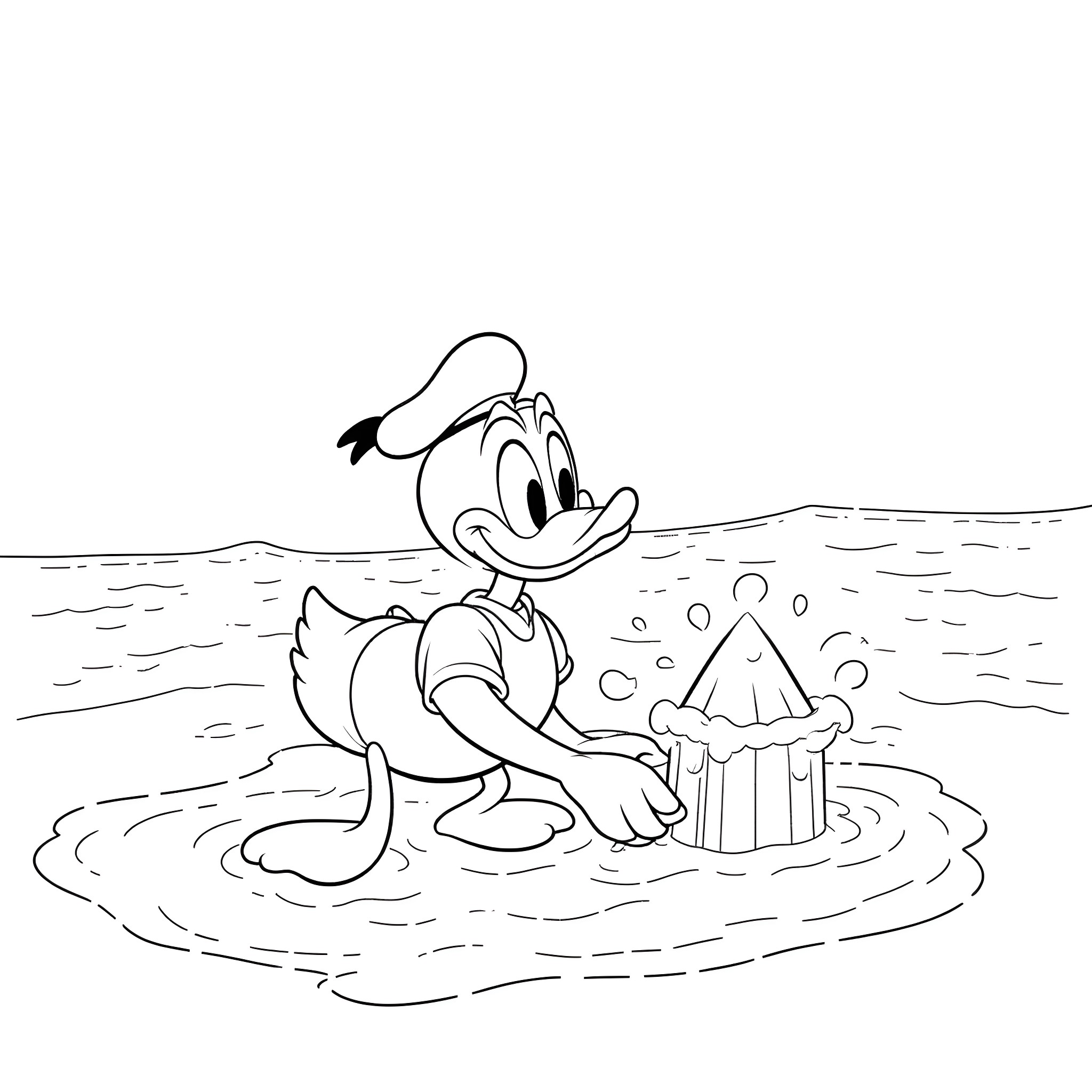 Donald Duck building sandcastle at the beach Coloring Page (free black-and-white line drawing printable PDF for all, from beginners to advanced learners, including children, teens, adults, and seniors)