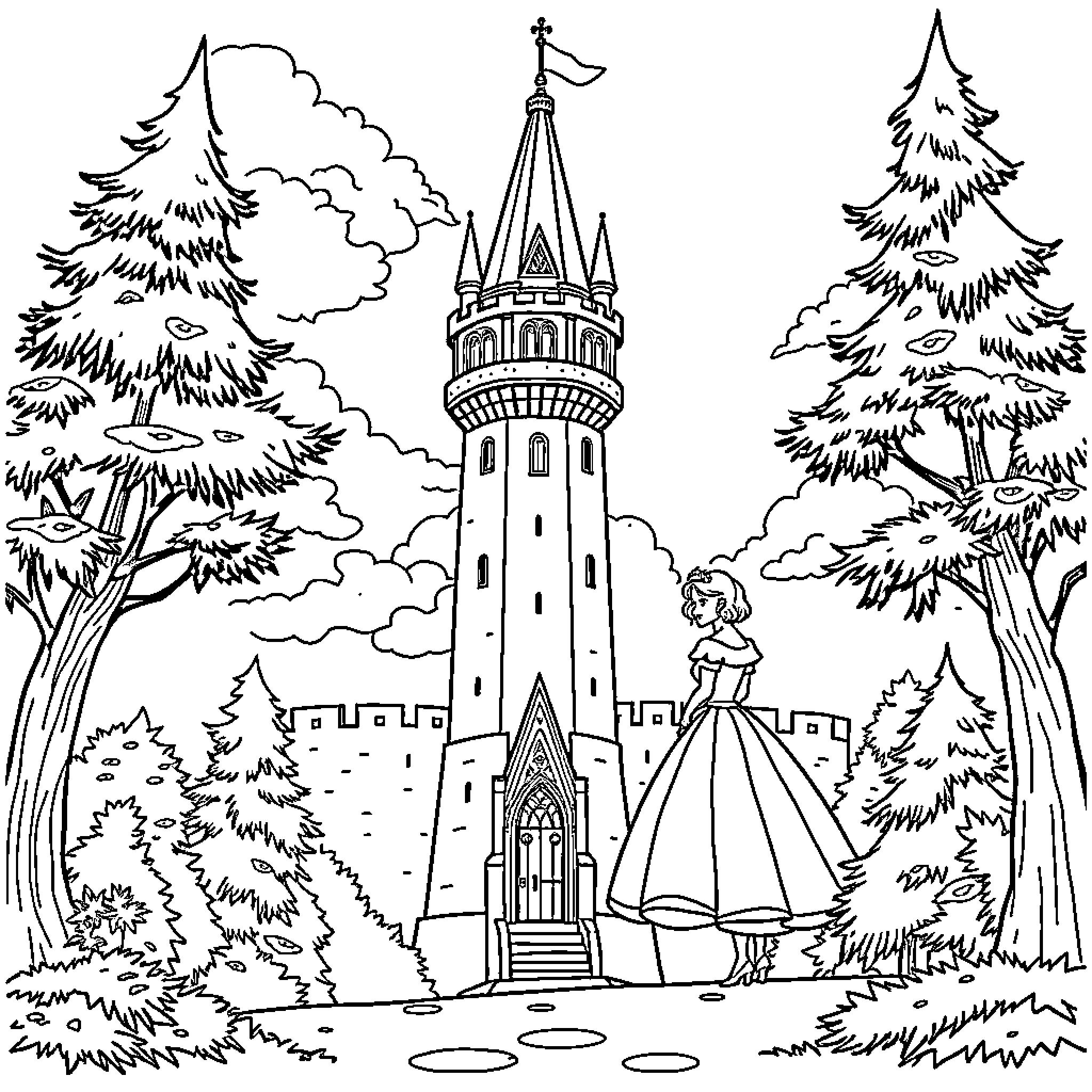 Princess in the Enchanted Forest Castle Coloring Page (free black-and-white line drawing printable PDF for all, from beginners to advanced learners, including children, teens, adults, and seniors)