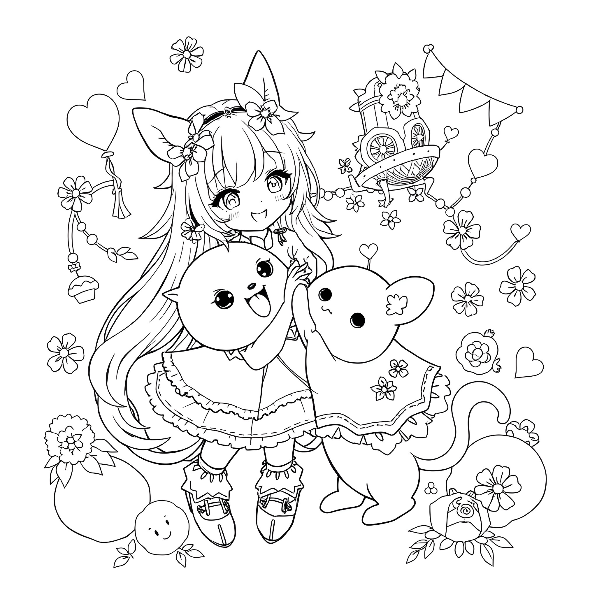 Kuromi playing joyfully with plush toys in a whimsical setting Coloring Page (free black-and-white line drawing printable PDF for all, from beginners to advanced learners, including children, teens, adults, and seniors)