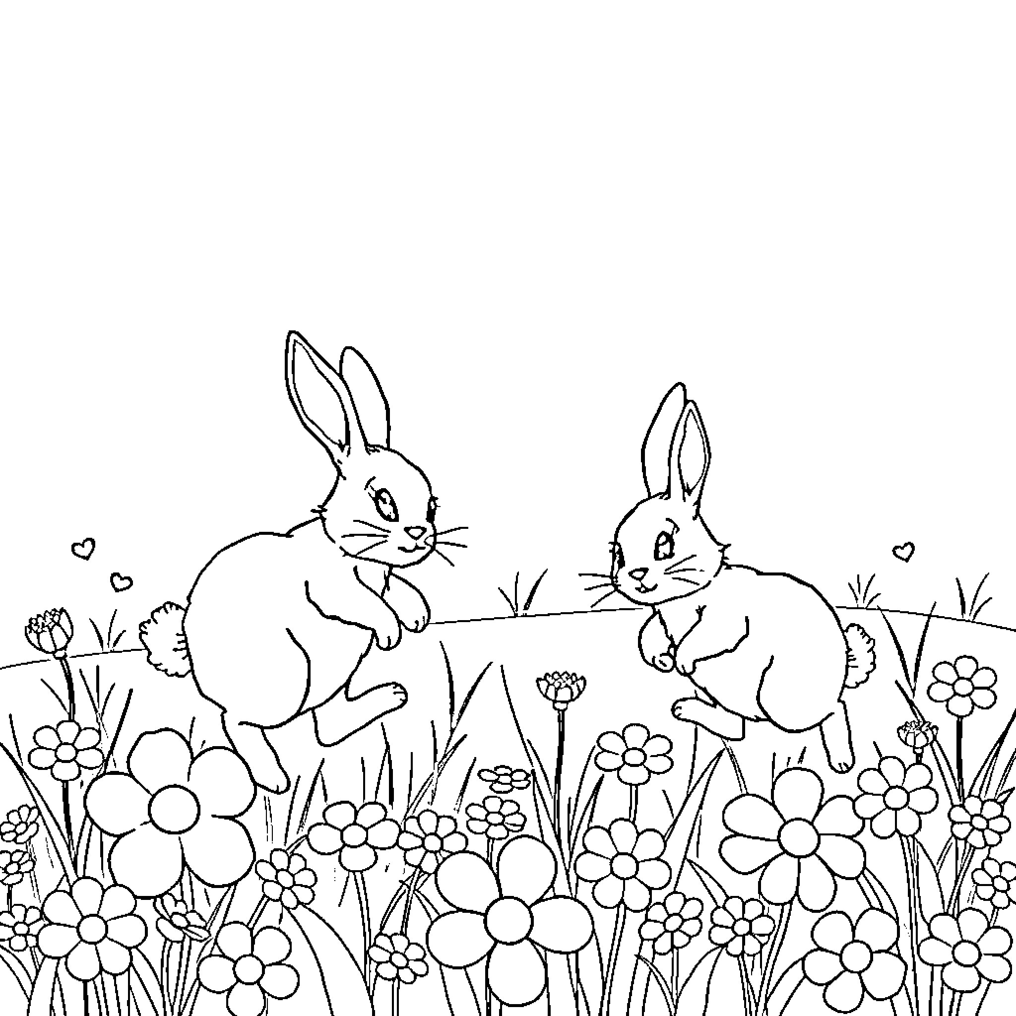Bunny Rabbits Playing in a Floral Garden Coloring Page (free black-and-white line drawing printable PDF for all, from beginners to advanced learners, including children, teens, adults, and seniors)