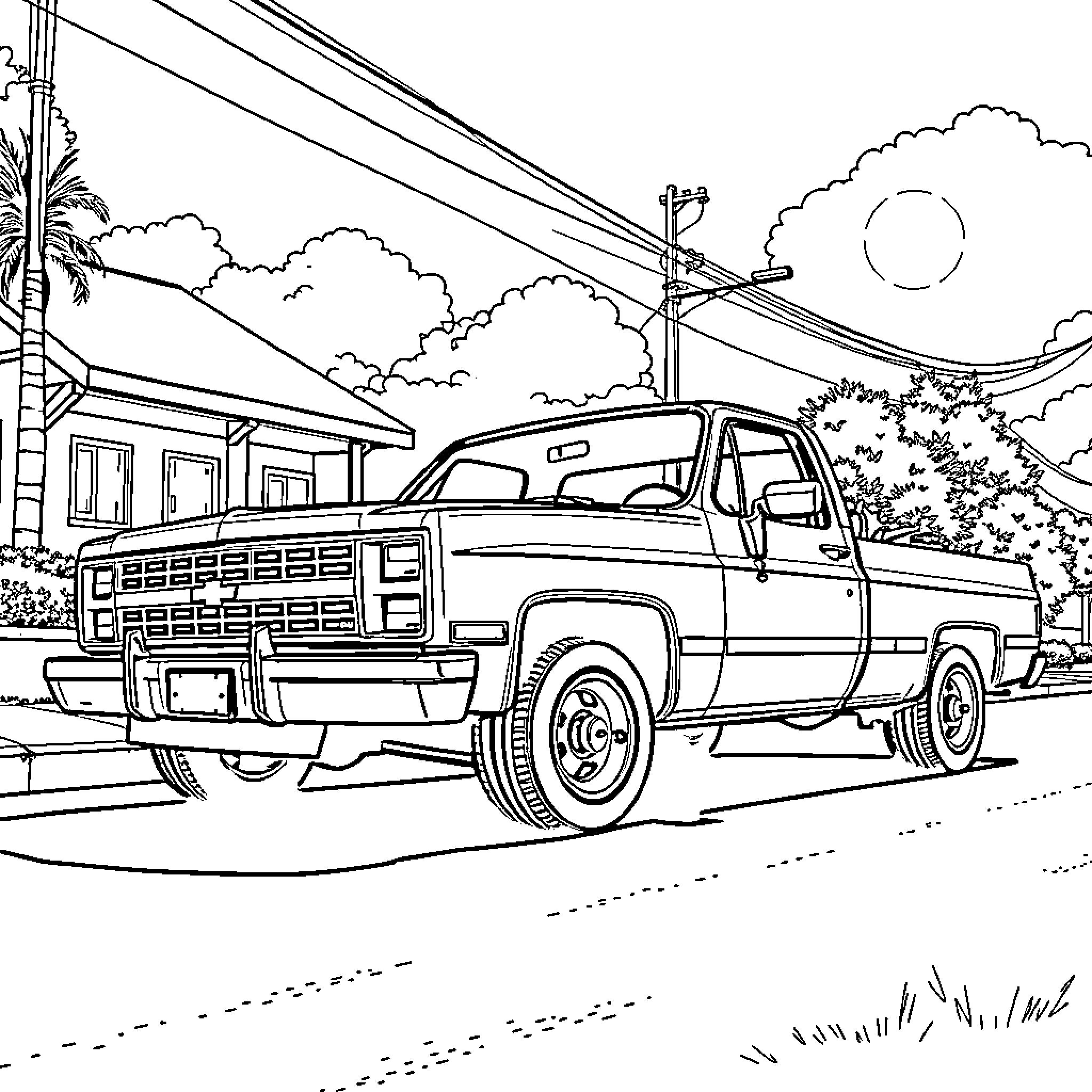 Silverado pickup truck in rural setting Coloring Page (free black-and-white line drawing printable PDF for all, from beginners to advanced learners, including children, teens, adults, and seniors)